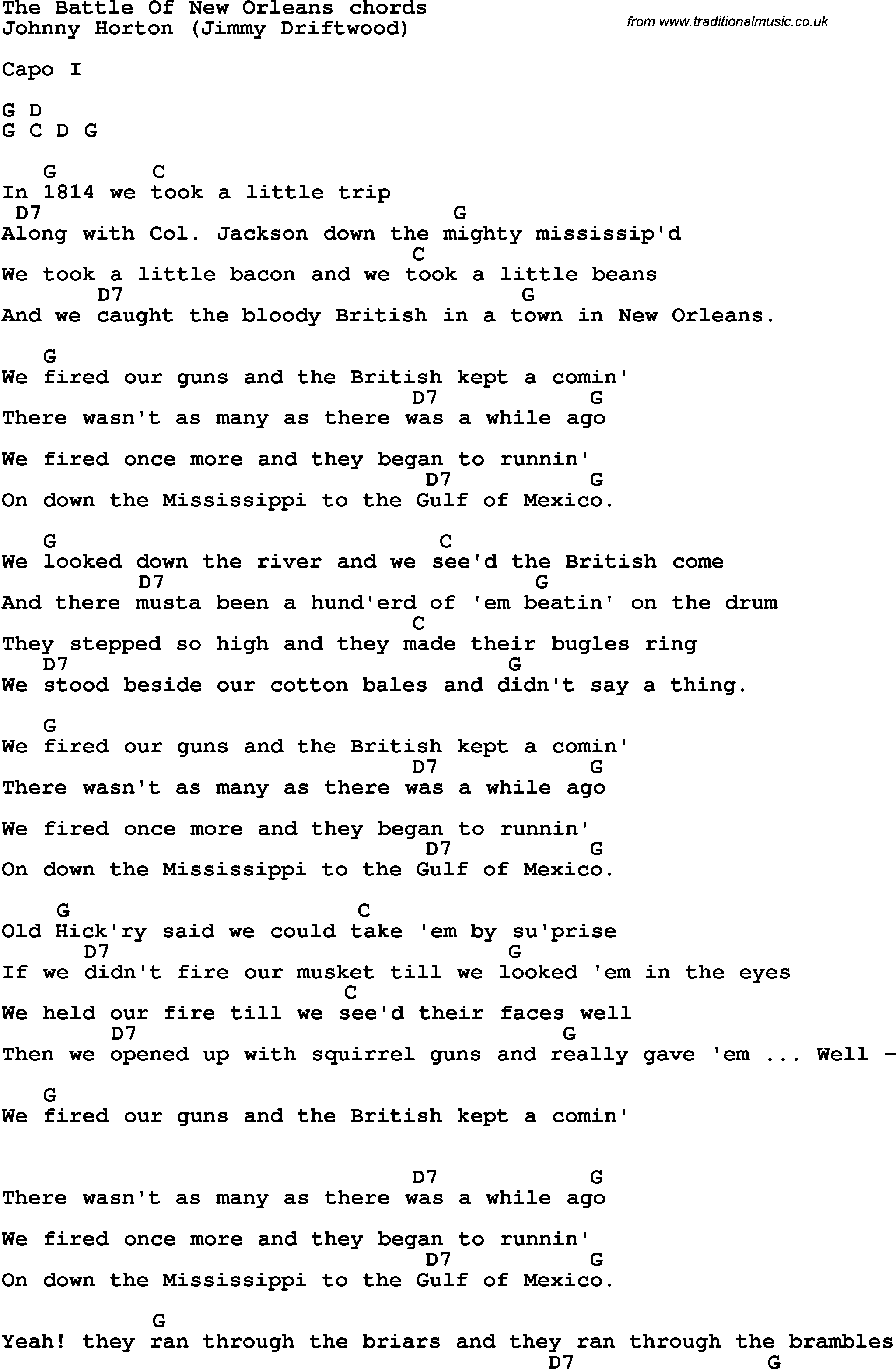 Song Lyrics with guitar chords for The Battle Of New Orleans