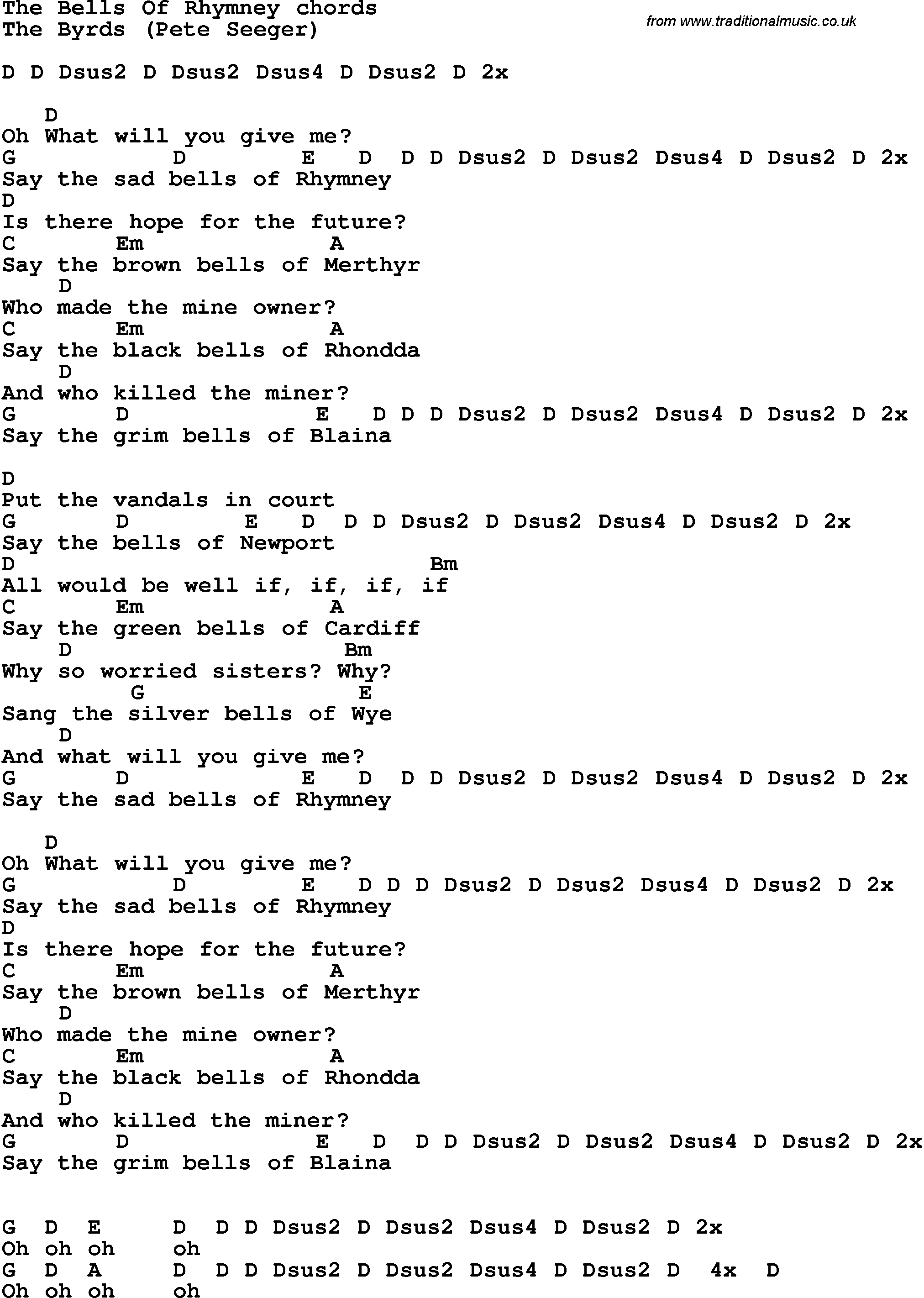 Song Lyrics with guitar chords for The Bells Of Rhymney