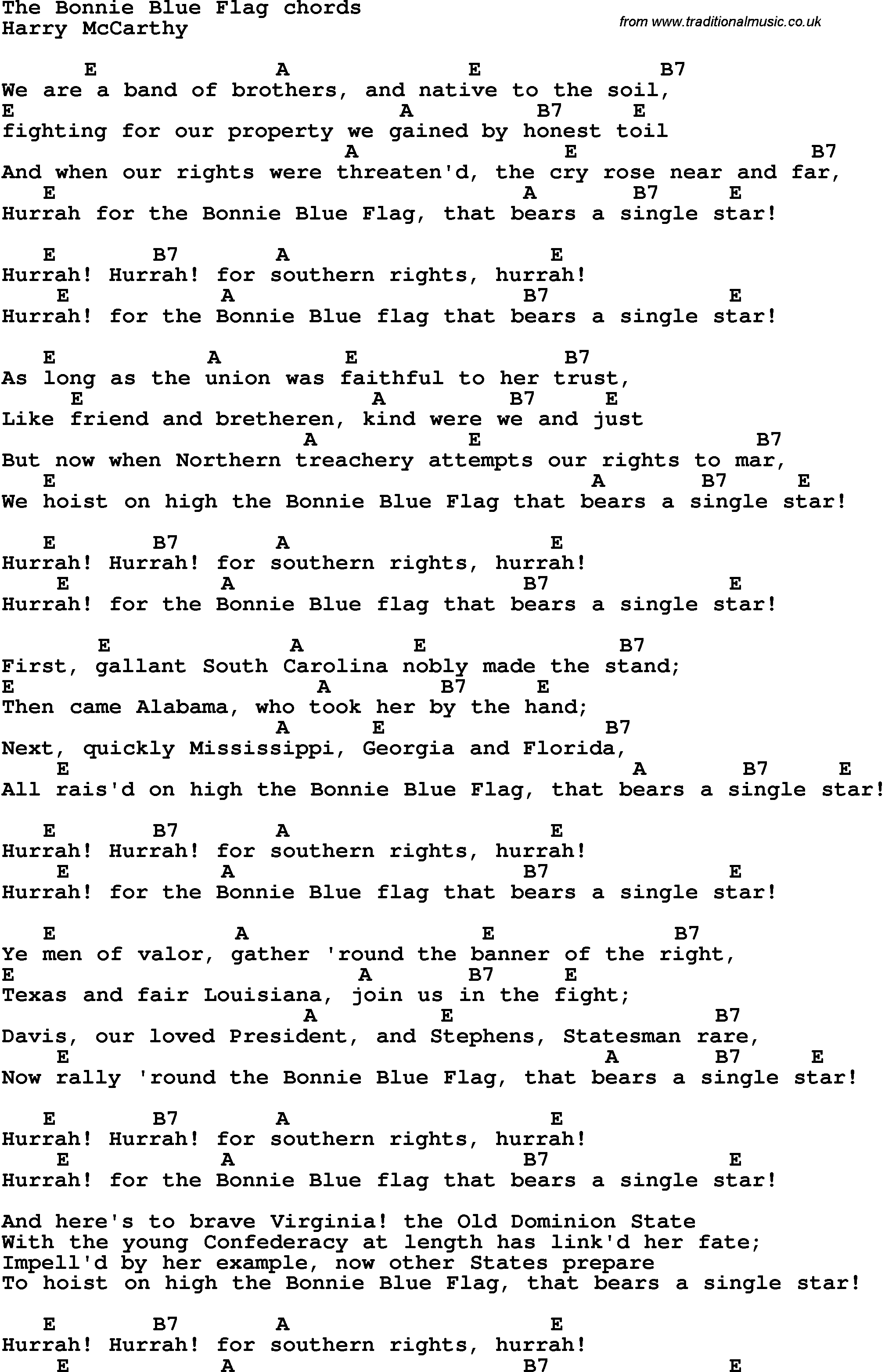 Song Lyrics with guitar chords for The Bonnie Blue Flag