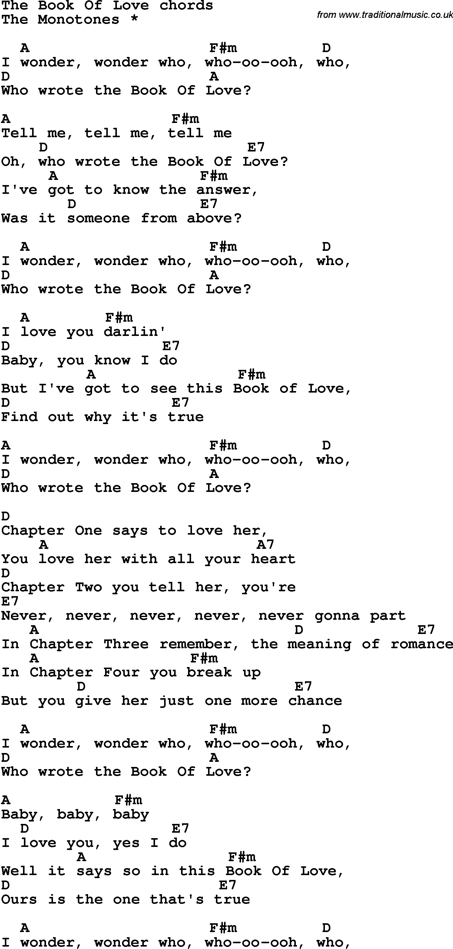 Song Lyrics with guitar chords for The Book Of Love - The Monotones