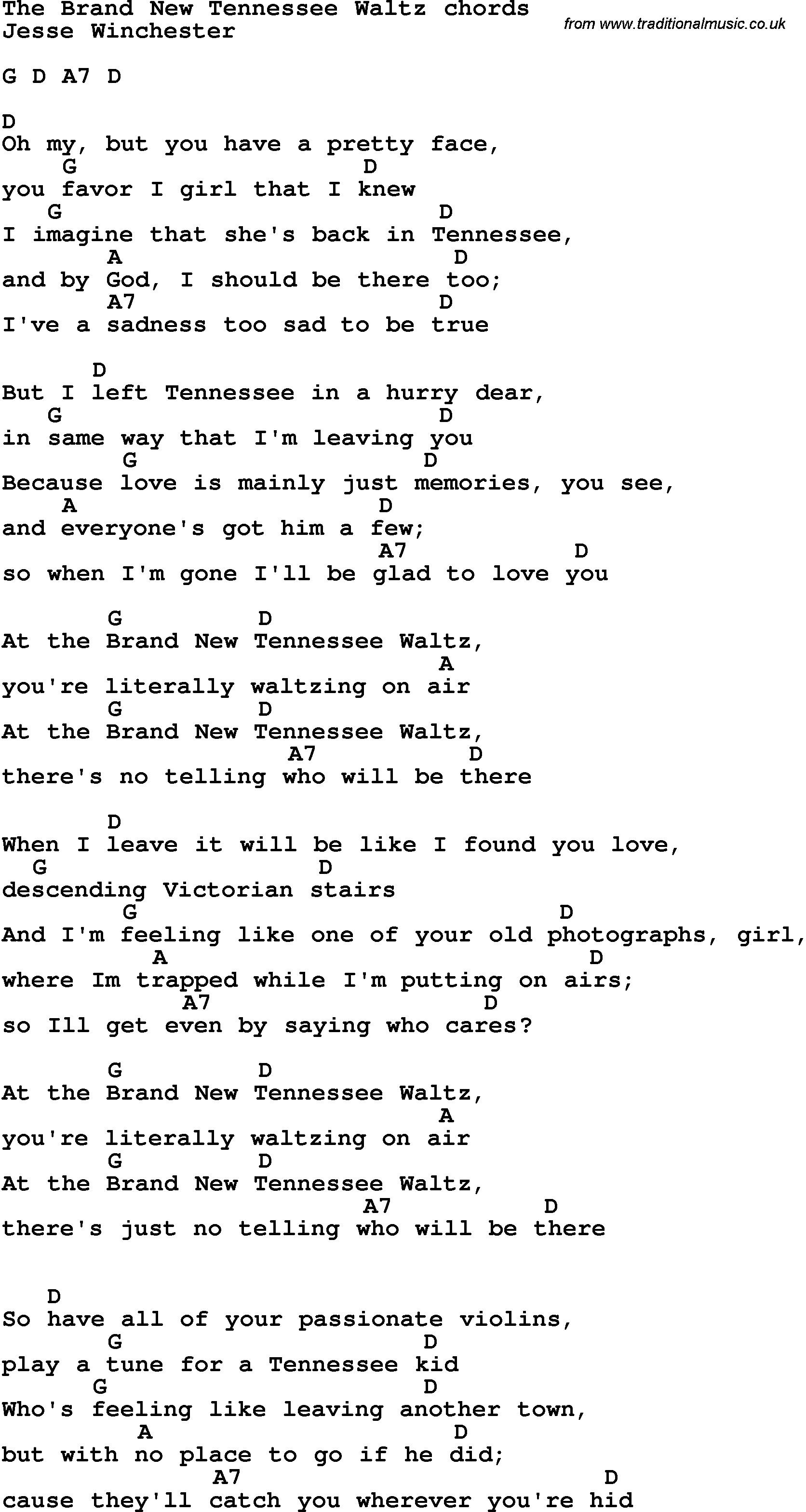 Song Lyrics with guitar chords for The Brand New Tennessee Waltz