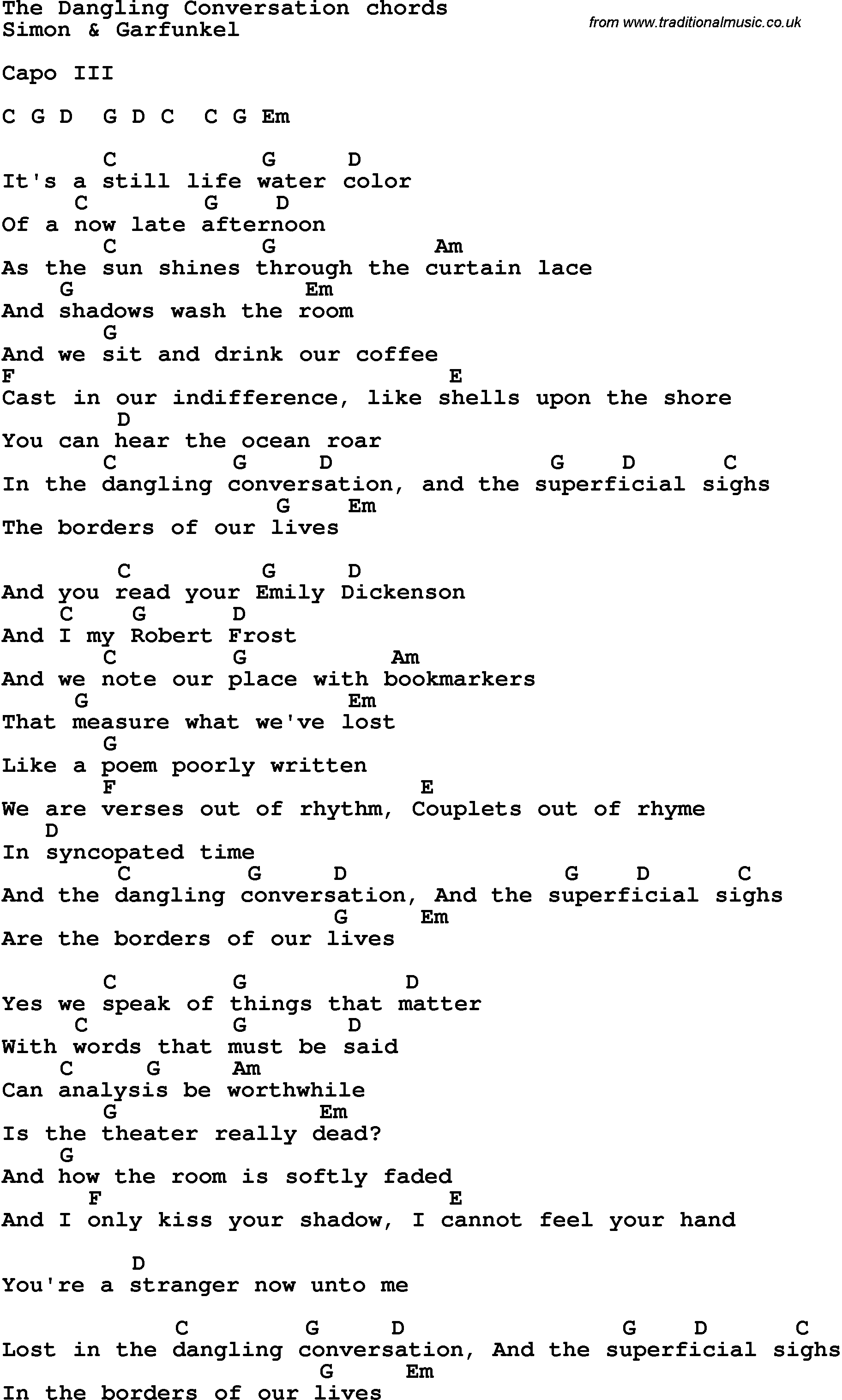Song Lyrics with guitar chords for The Dangling Conversation