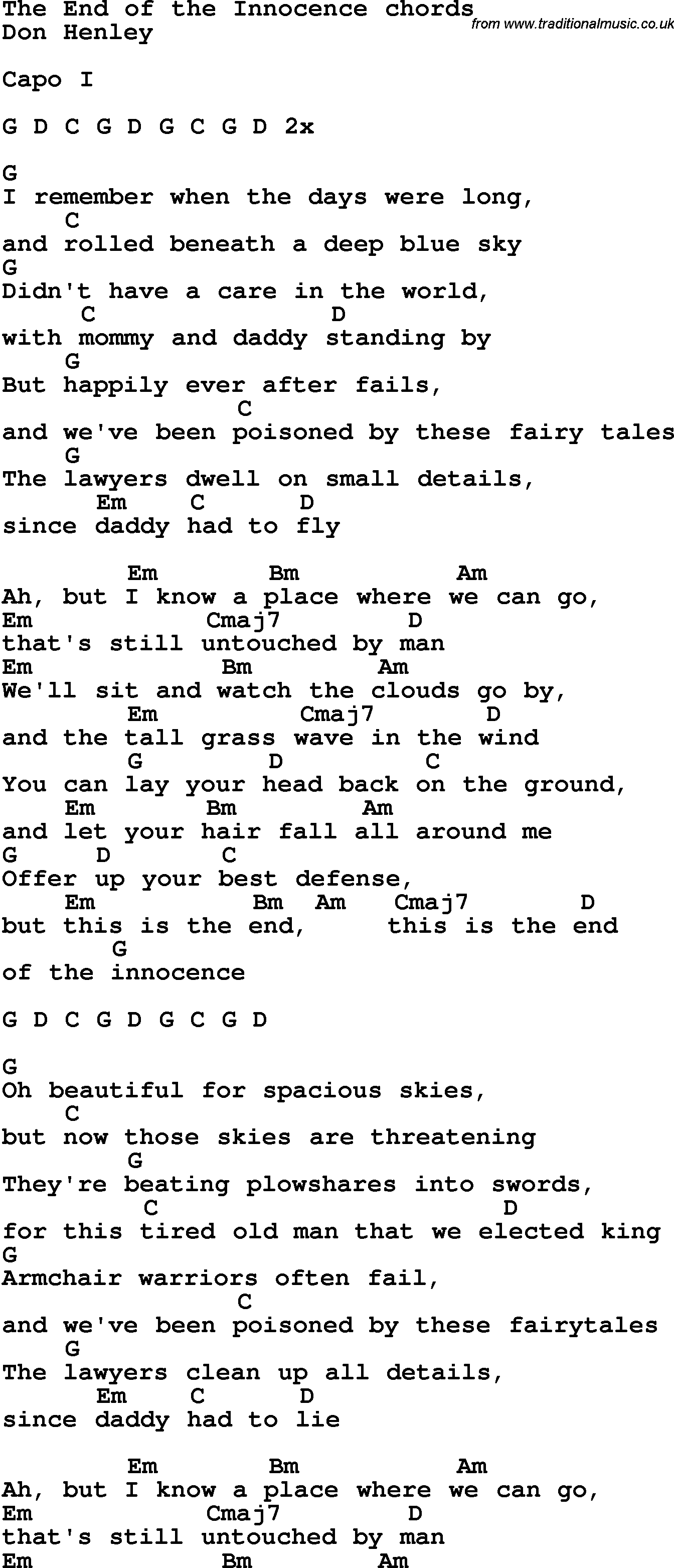 Song Lyrics with guitar chords for The End Of The Innocence
