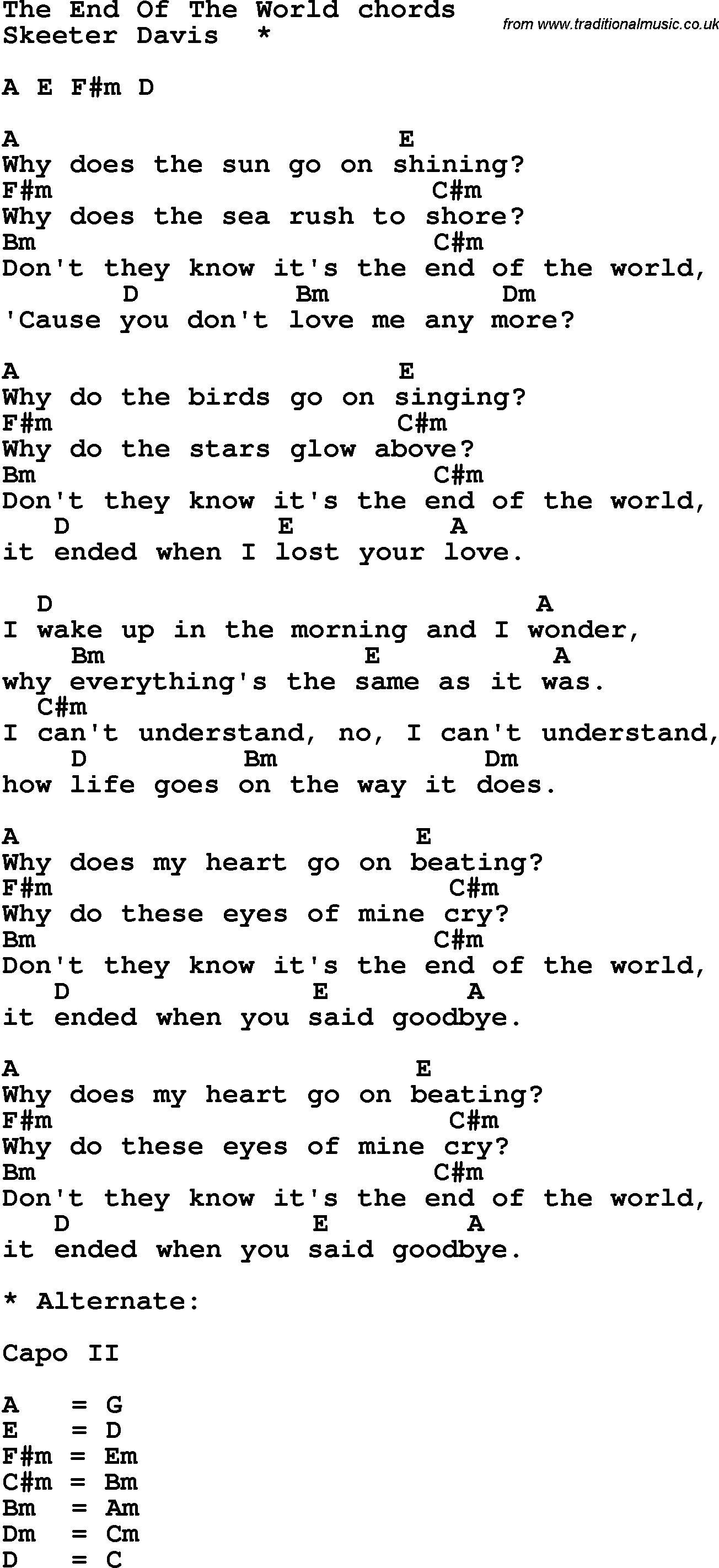 Song Lyrics with guitar chords for The End Of The World