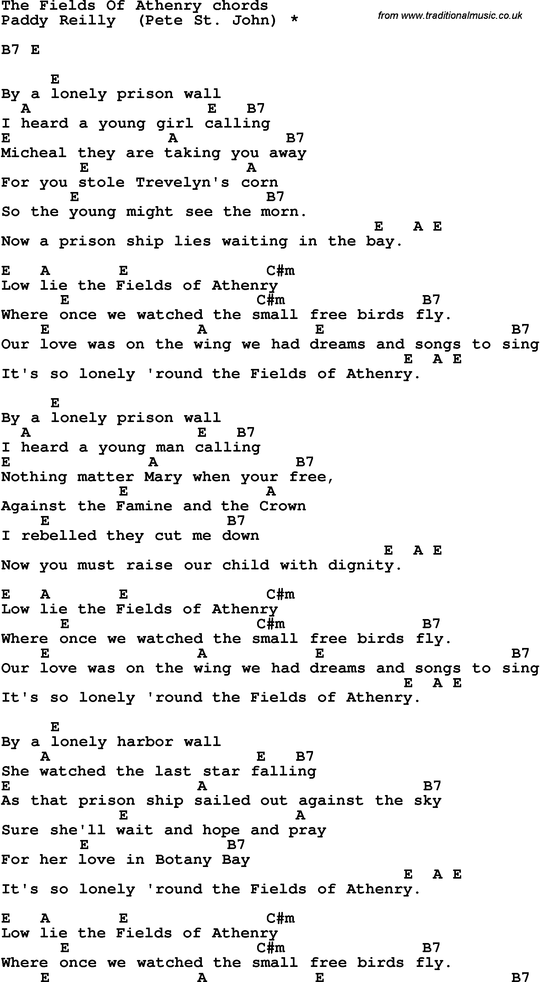 Song Lyrics with guitar chords for The Fields Of Athenry