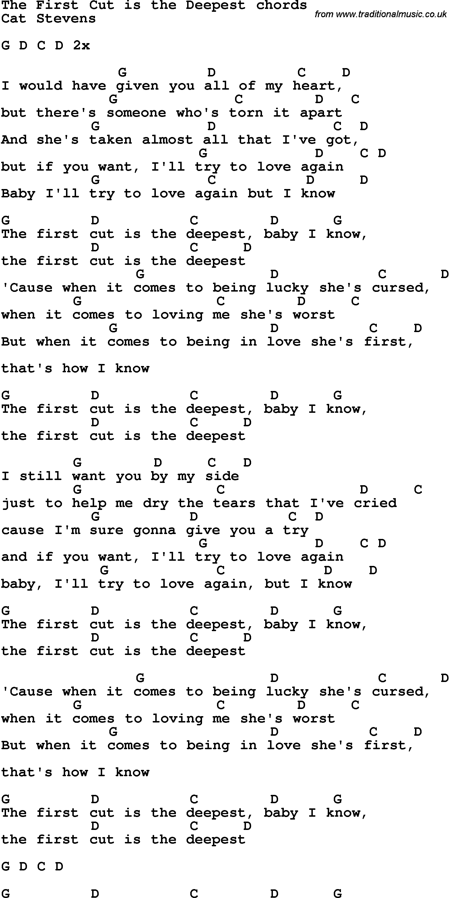 Song Lyrics with guitar chords for The First Cut Is The Deepest - Cat Stevens