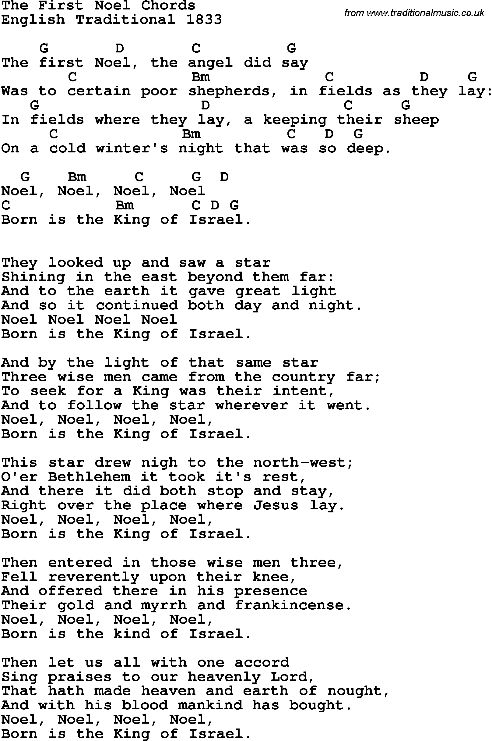 Song Lyrics with guitar chords for The First Noel - Trad