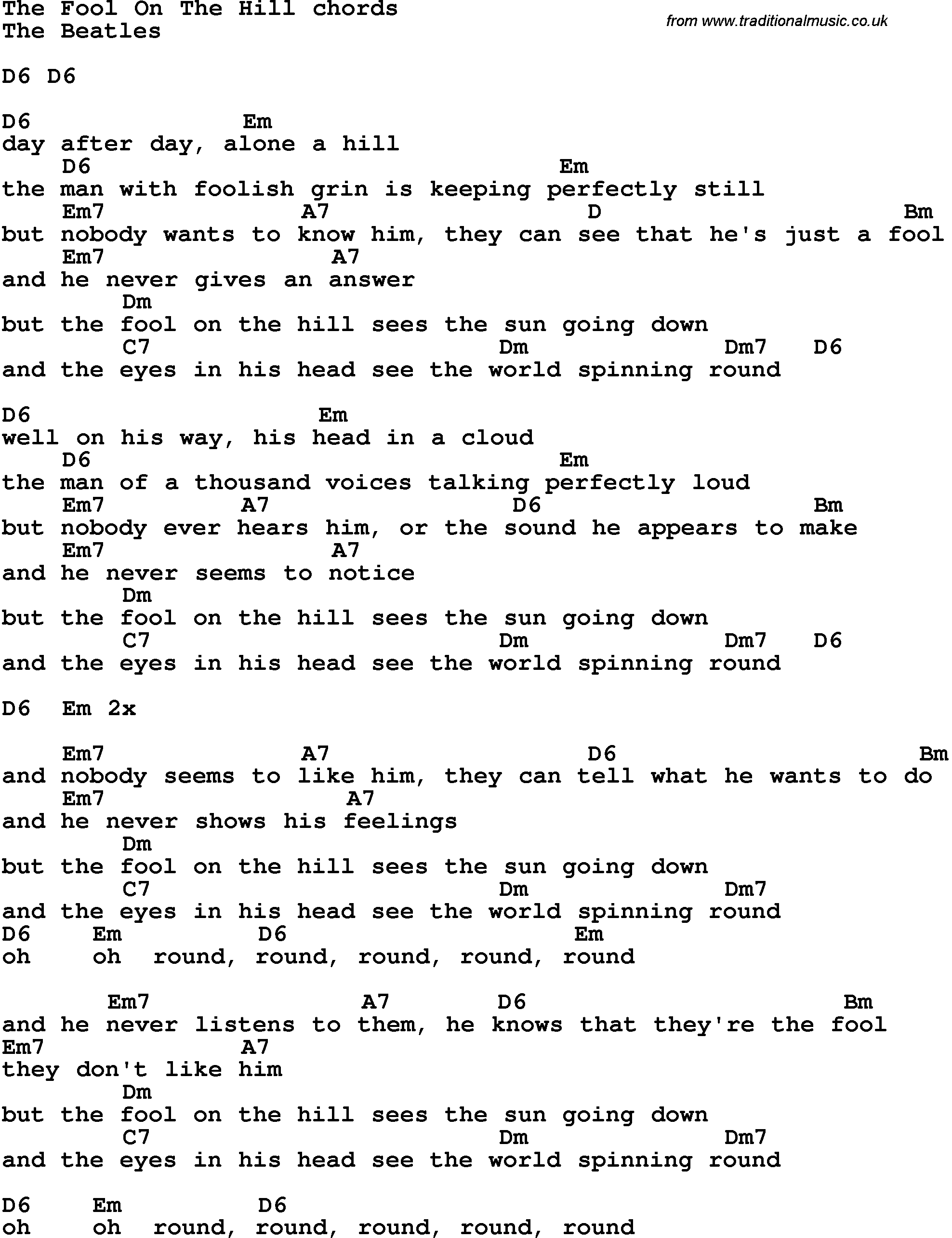 Song Lyrics with guitar chords for The Fool On The Hill - The Beatles