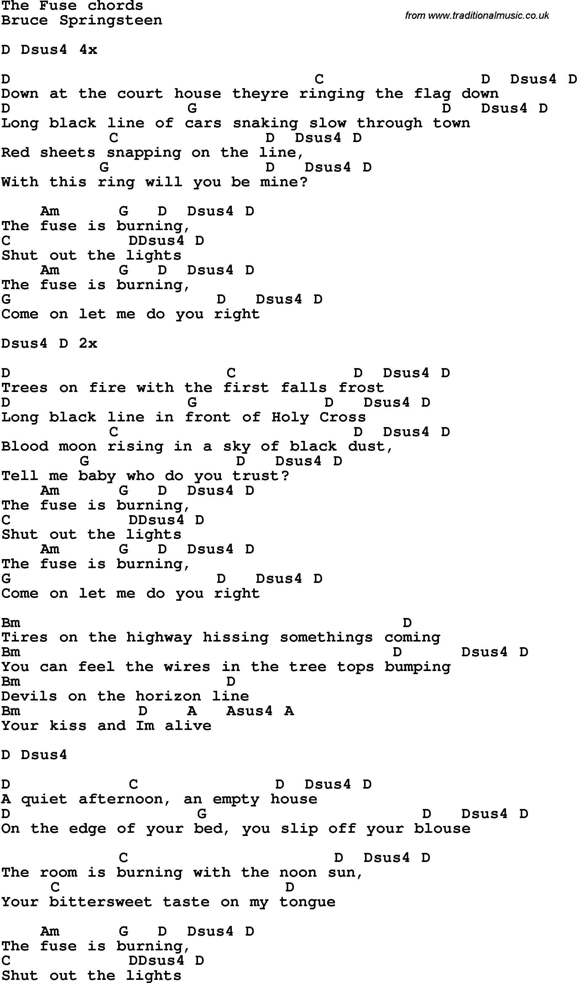 Song Lyrics with guitar chords for The Fuse - Bruce Springsteen