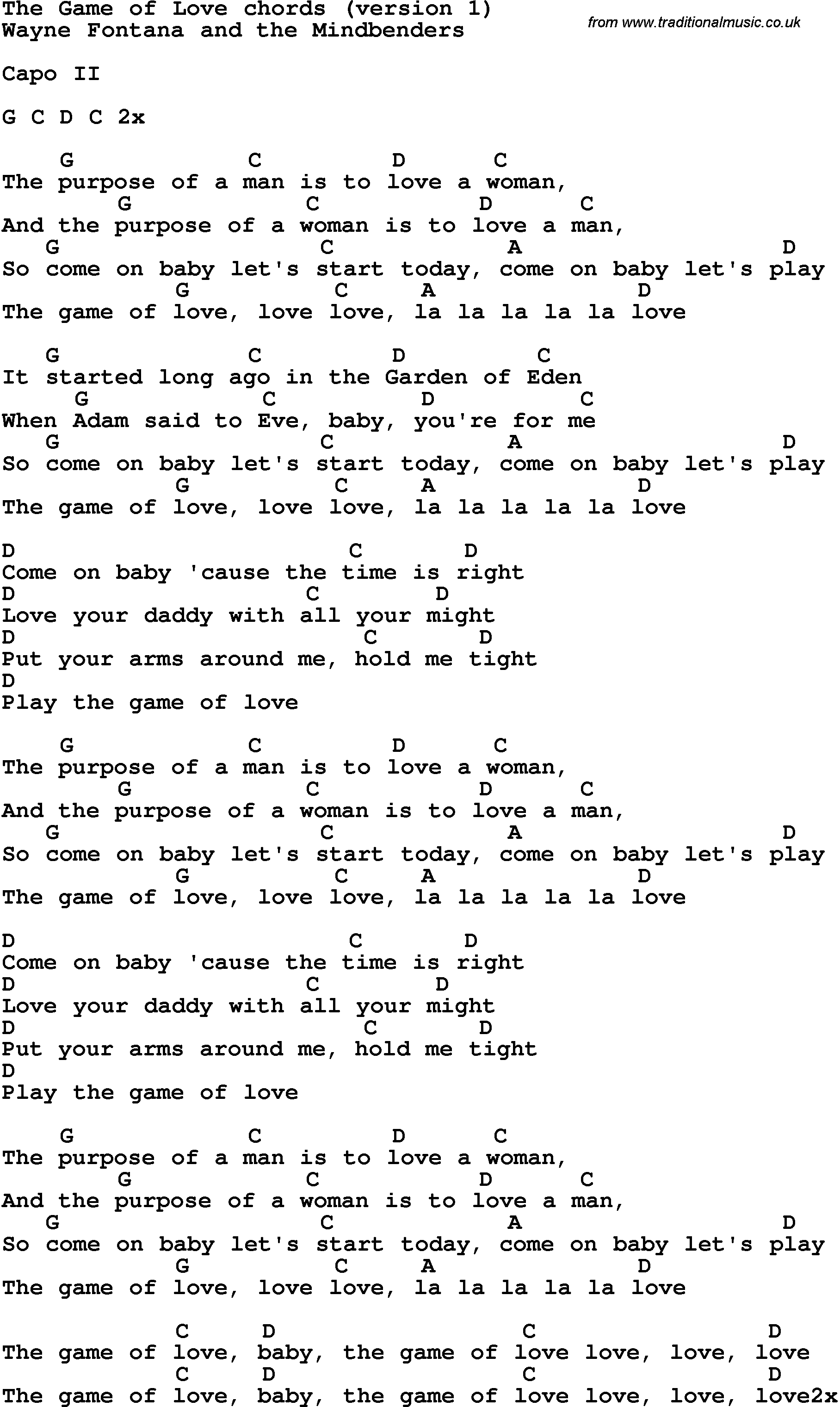 Song Lyrics with guitar chords for The Game Of Love - Wayne Fontana And The Mindbenders