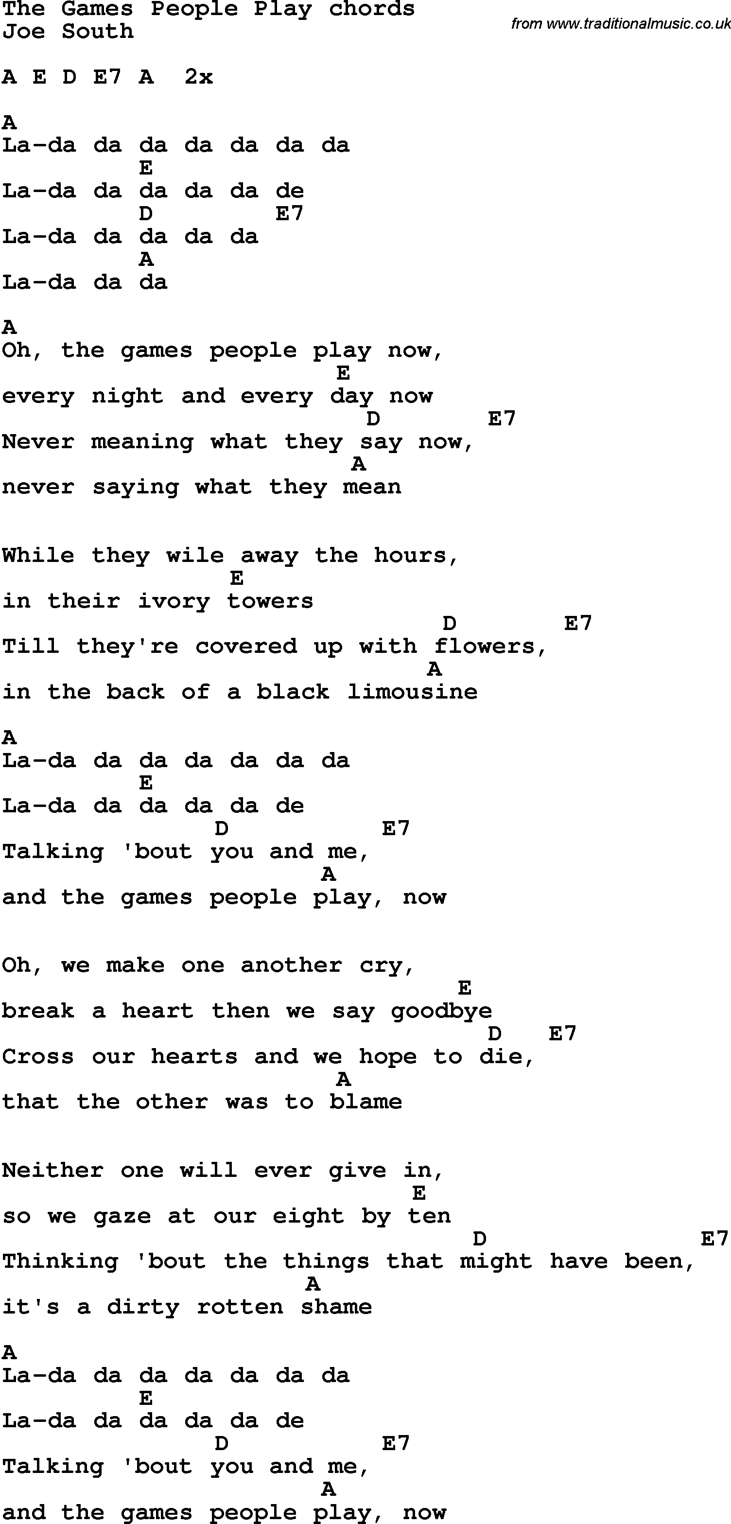 Song Lyrics with guitar chords for The Games People Play