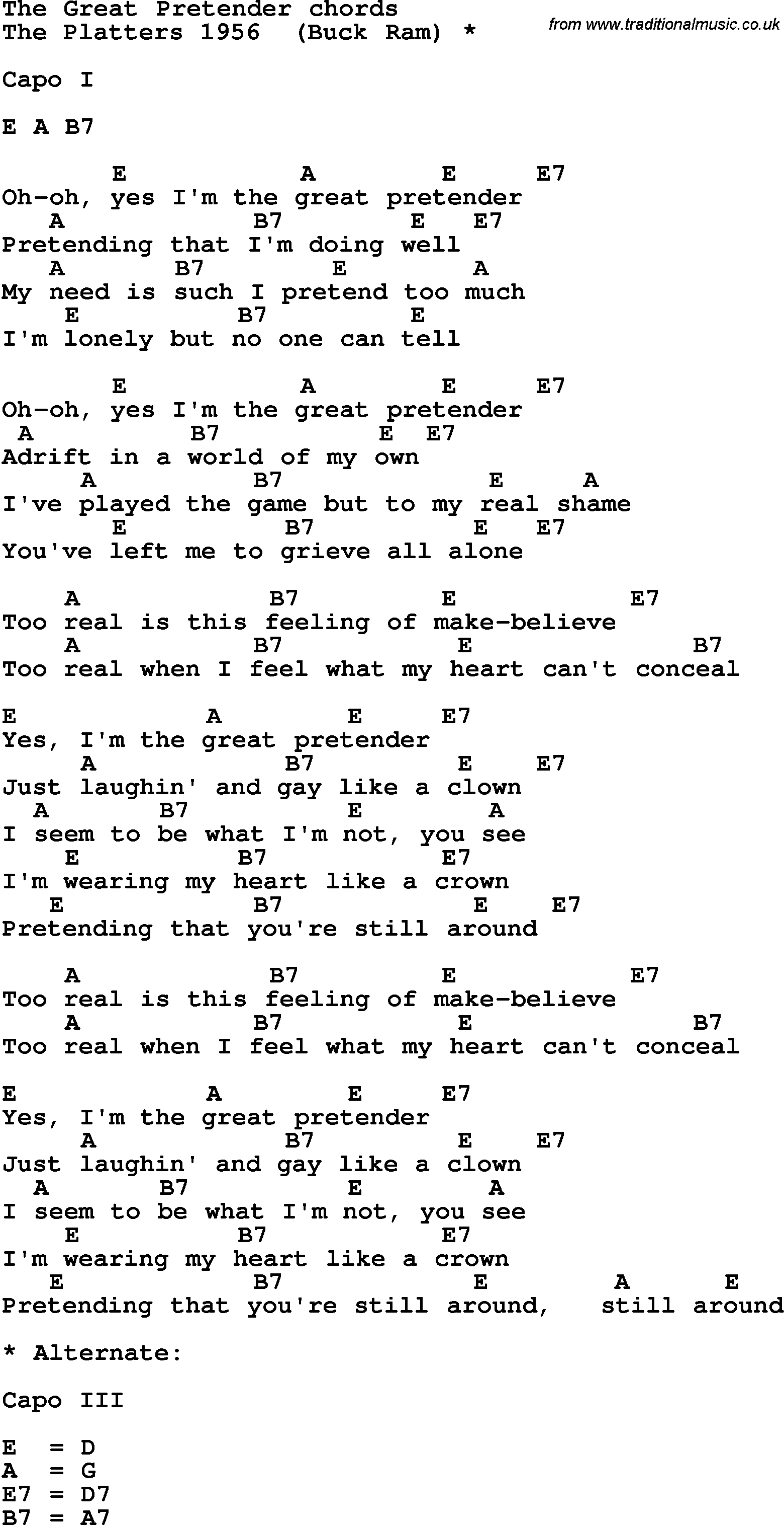 Song Lyrics with guitar chords for The Great Pretender