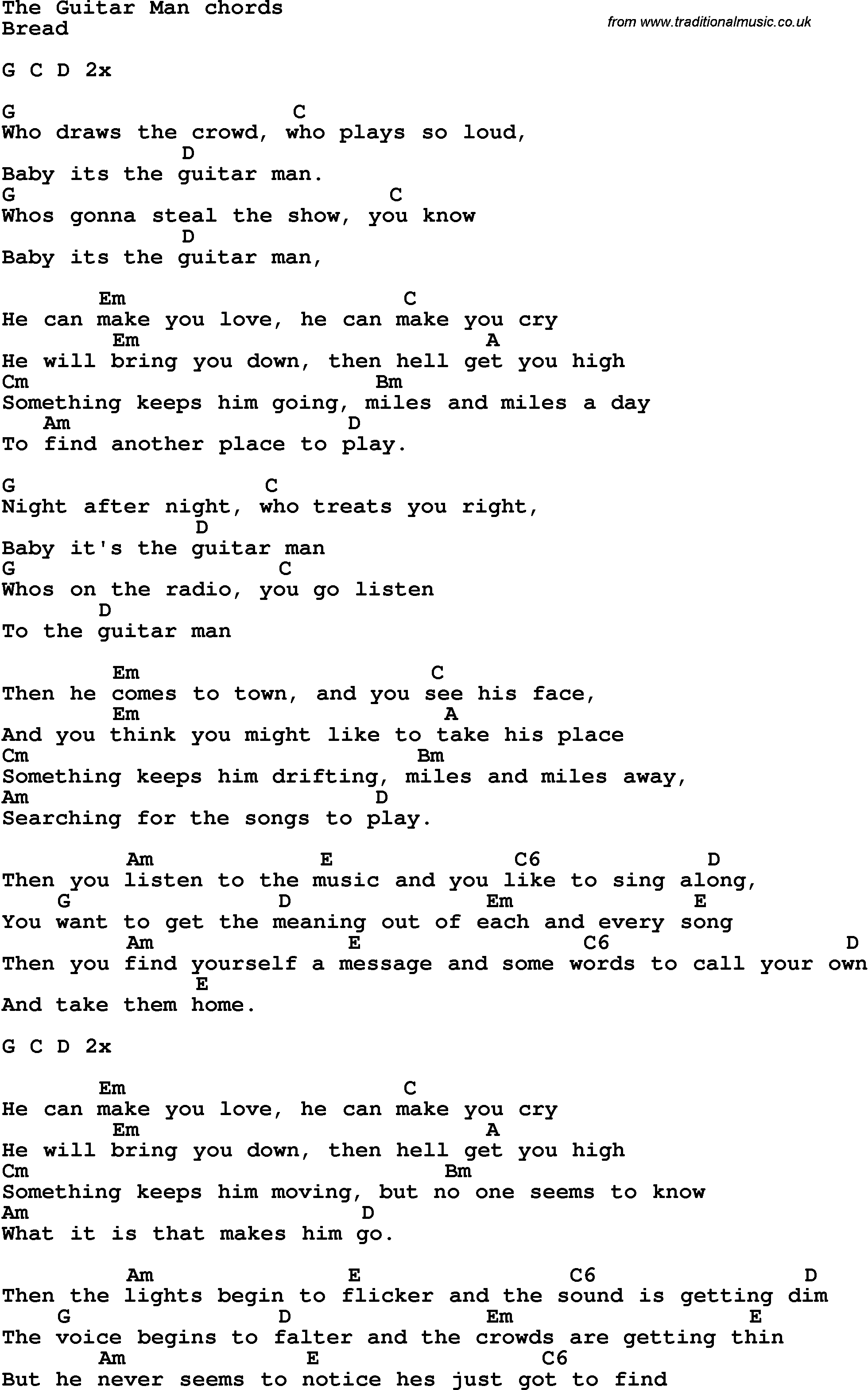 Song Lyrics with guitar chords for The Guitar Manecdf