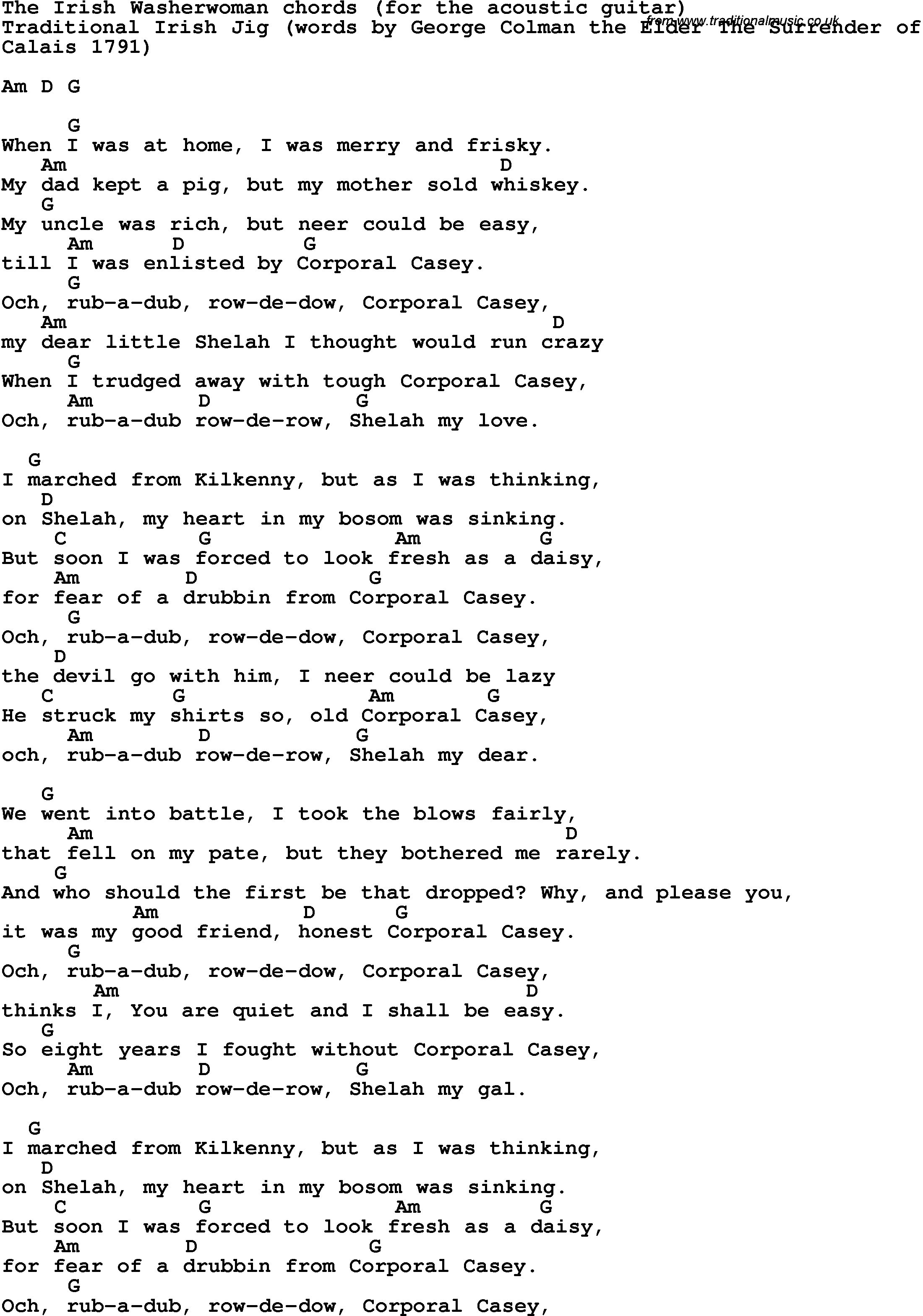 Song Lyrics with guitar chords for The Irish Washerwoman