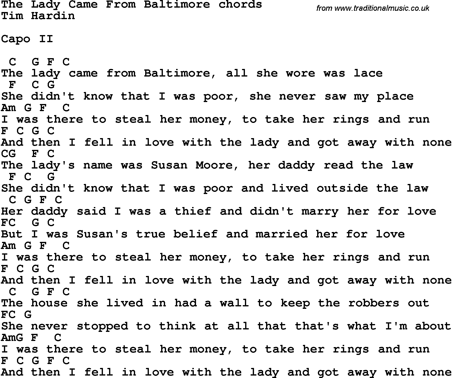 Song Lyrics with guitar chords for The Lady Came From Baltimore