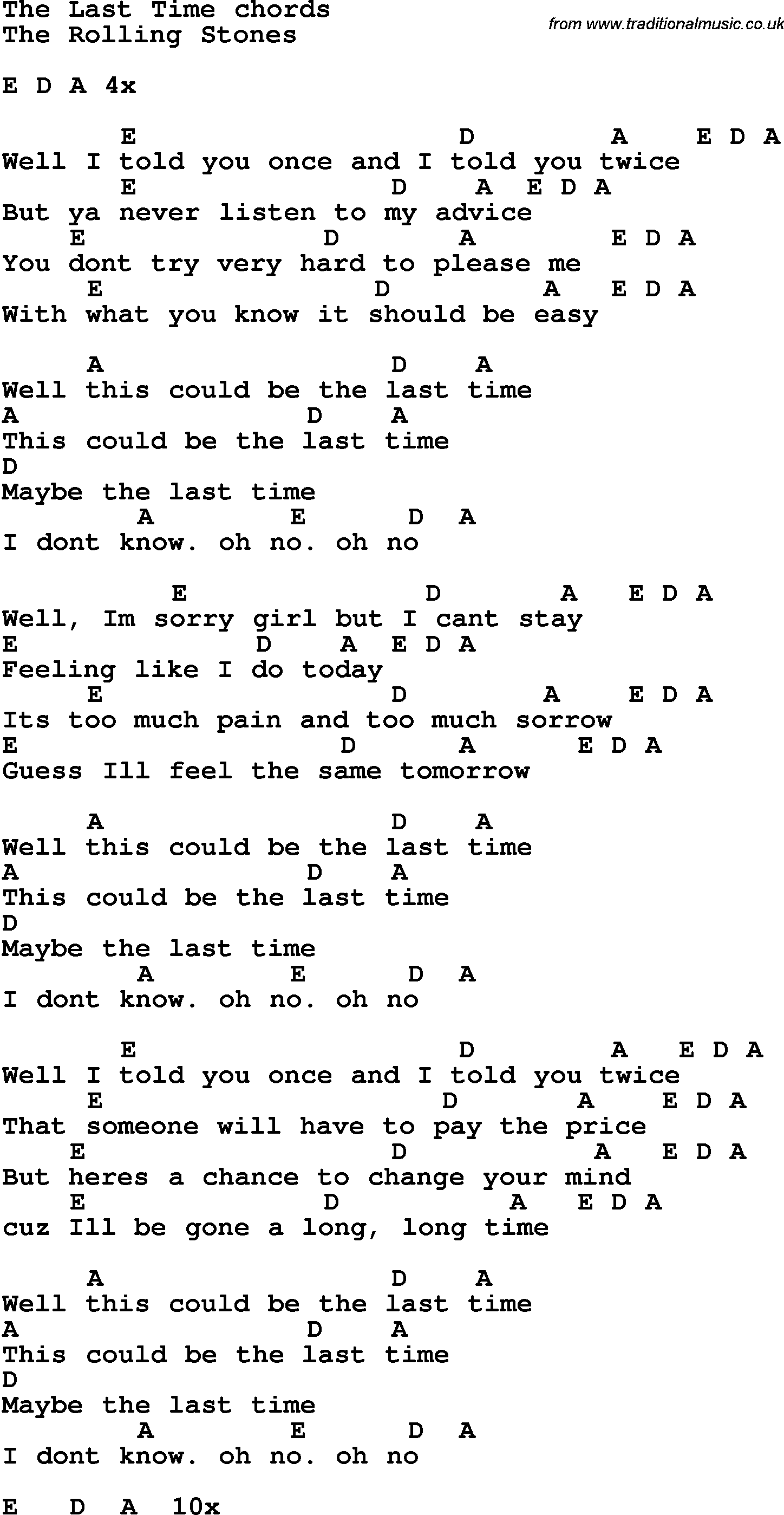 Song Lyrics with guitar chords for The Last Time - The Rolling Stones