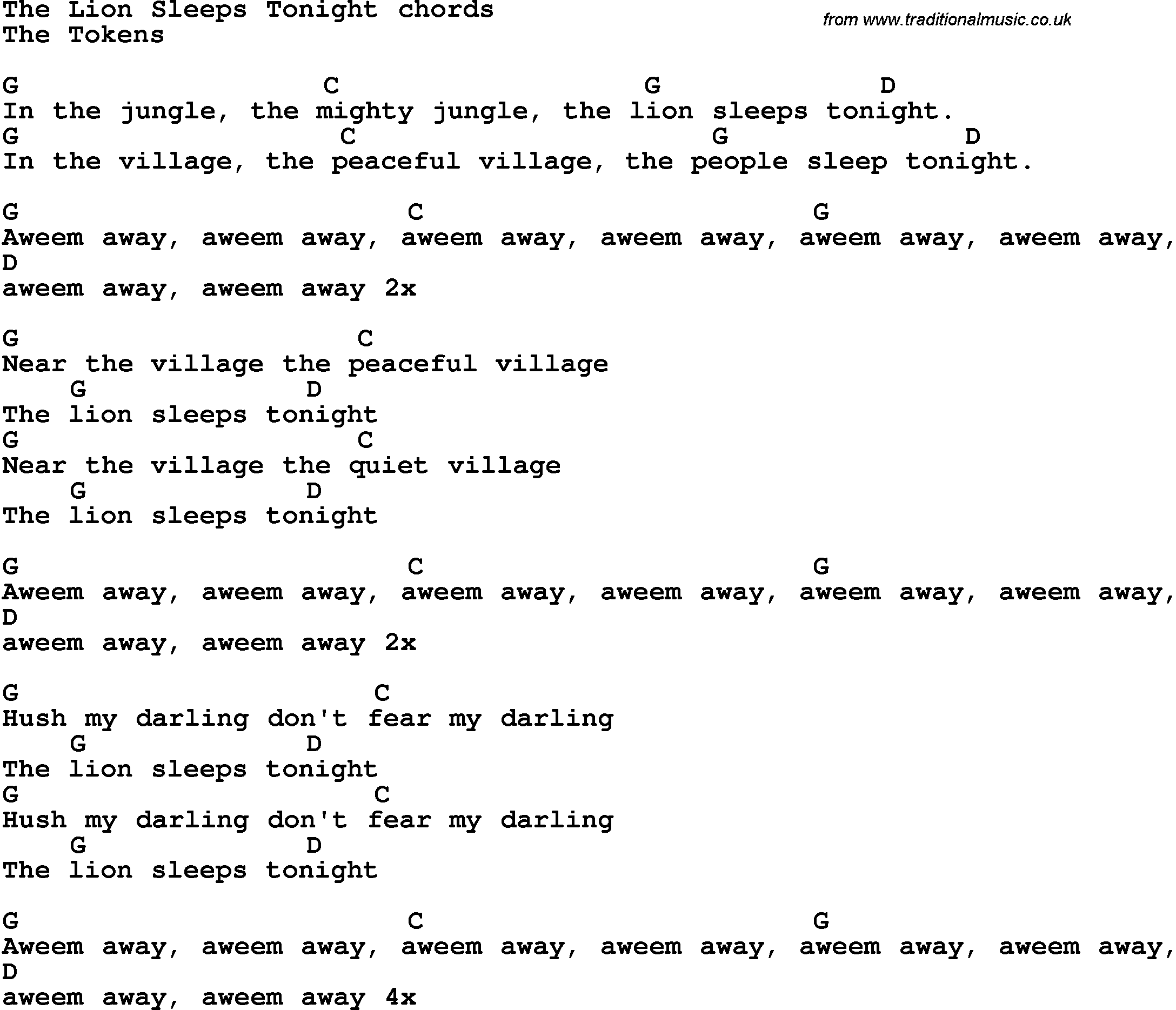 Song Lyrics with guitar chords for The Lion Sleeps Tonight