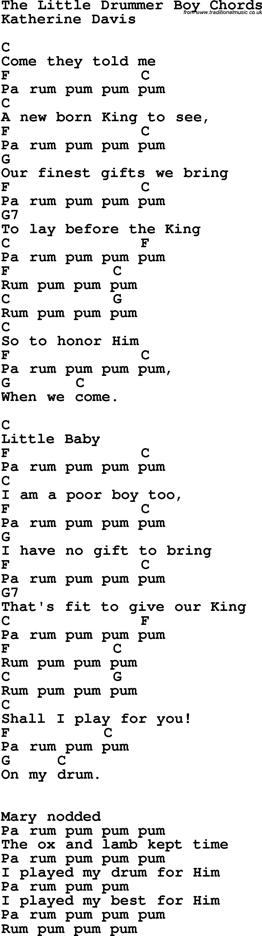Song Lyrics with guitar chords for The Little Drummer Boy