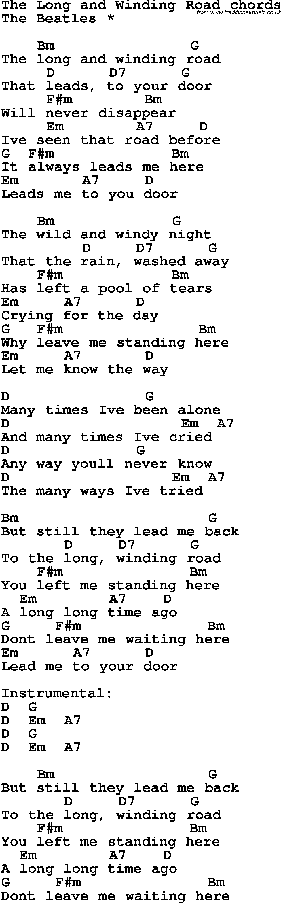 Song Lyrics with guitar chords for The Long And Winding Road