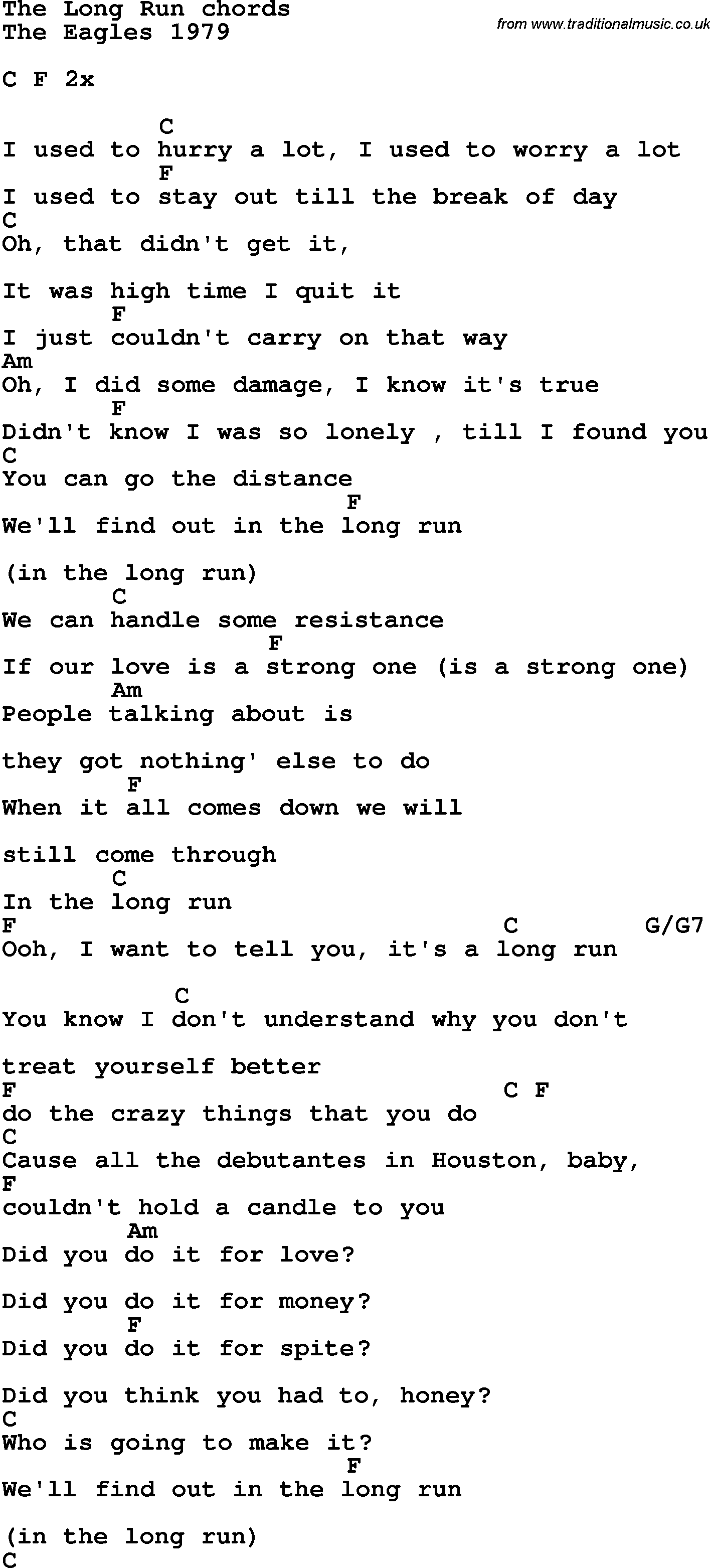 Song Lyrics with guitar chords for The Long Run - The Eagles 1979