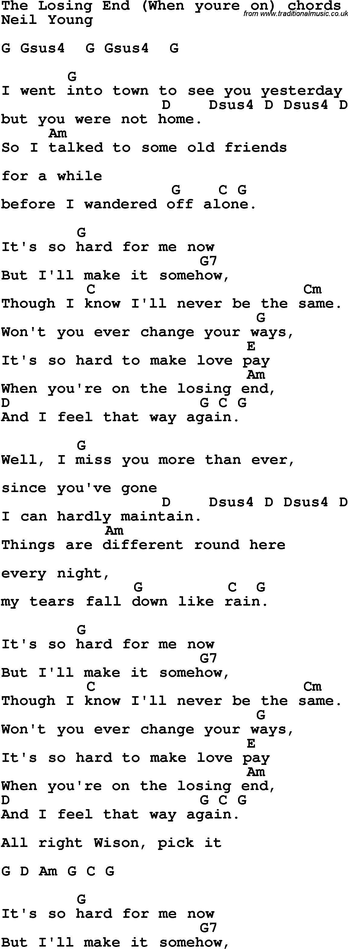 Song Lyrics with guitar chords for The Losing End - Neil Young