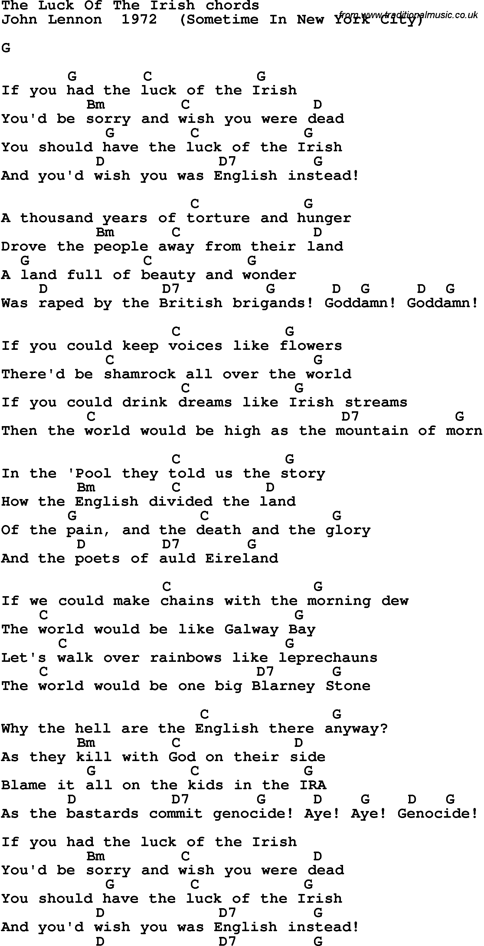 Song Lyrics with guitar chords for The Luck Of The Irish