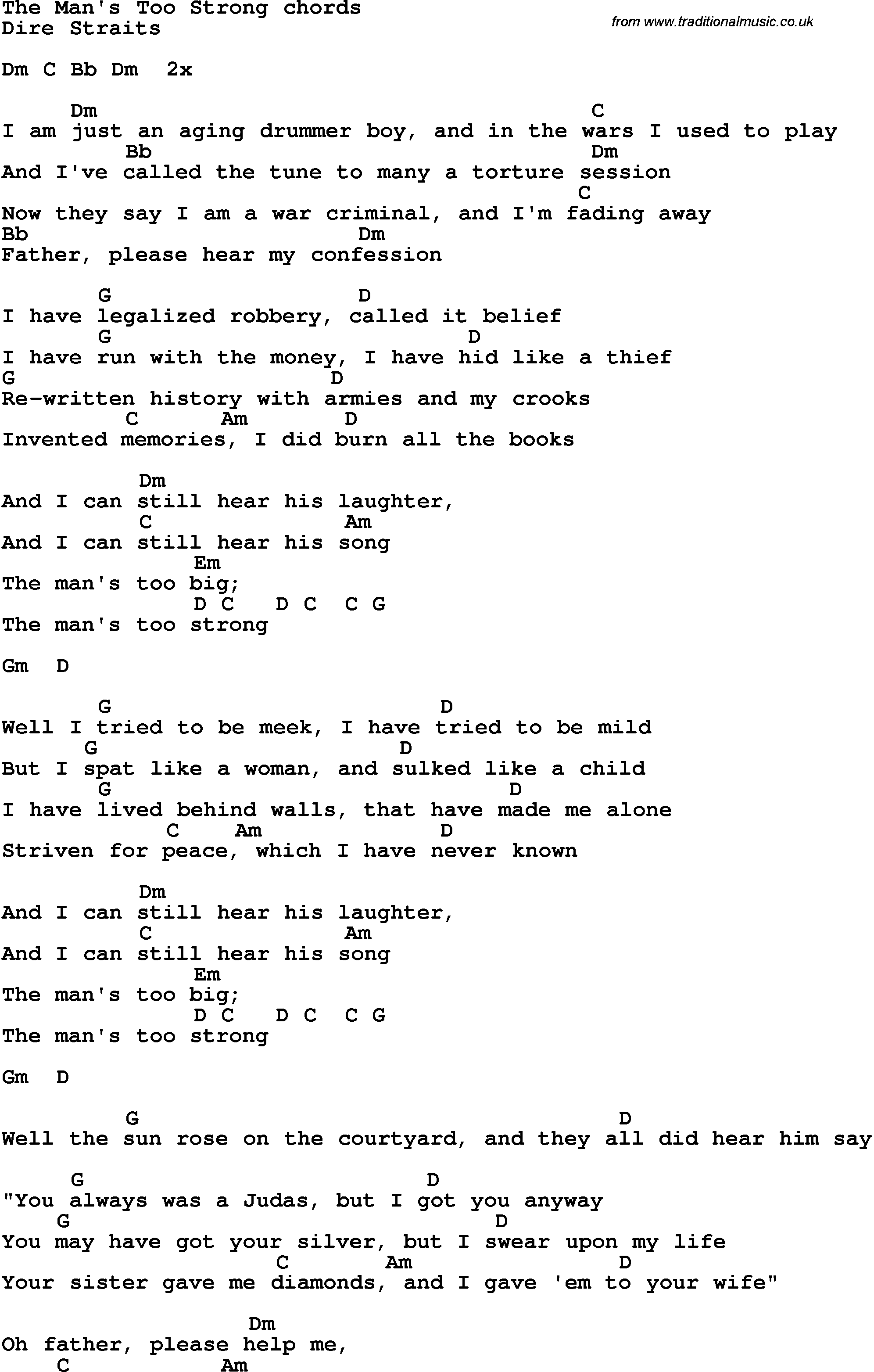 Song Lyrics with guitar chords for The Man's Too Strong
