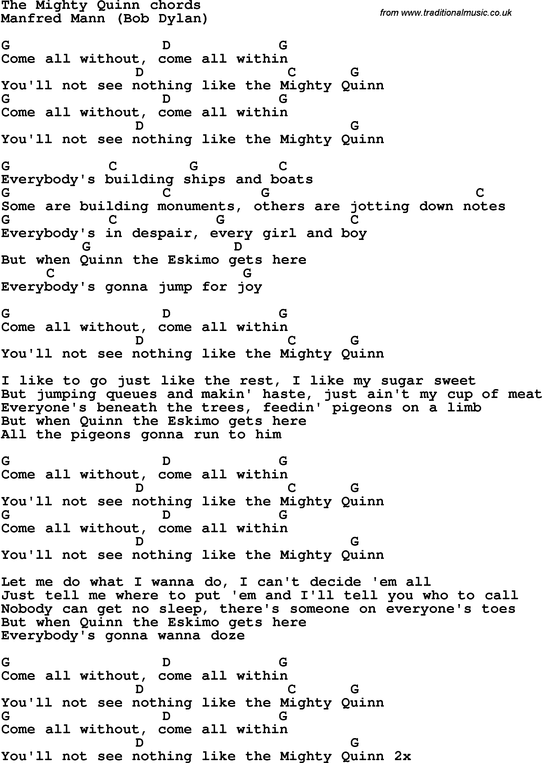 Song Lyrics with guitar chords for The Mighty Quinn - Manfred Mann