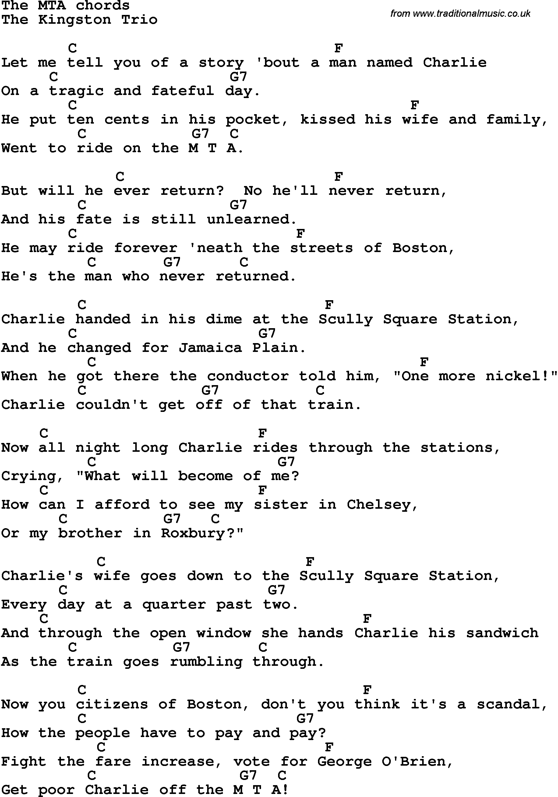 Song Lyrics with guitar chords for The MTA - Kingston Trio2