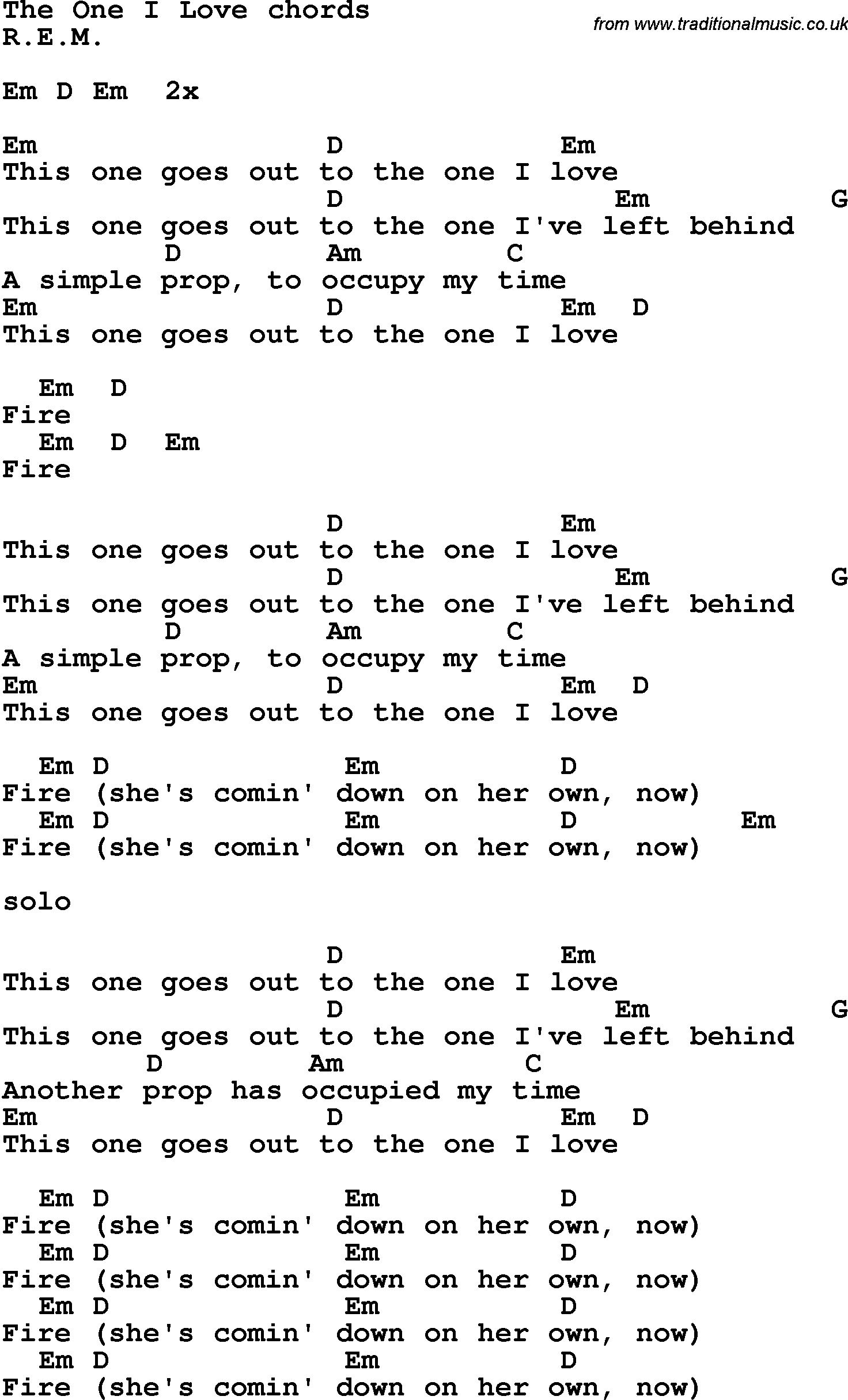 Song Lyrics with guitar chords for The One I Love - Rem
