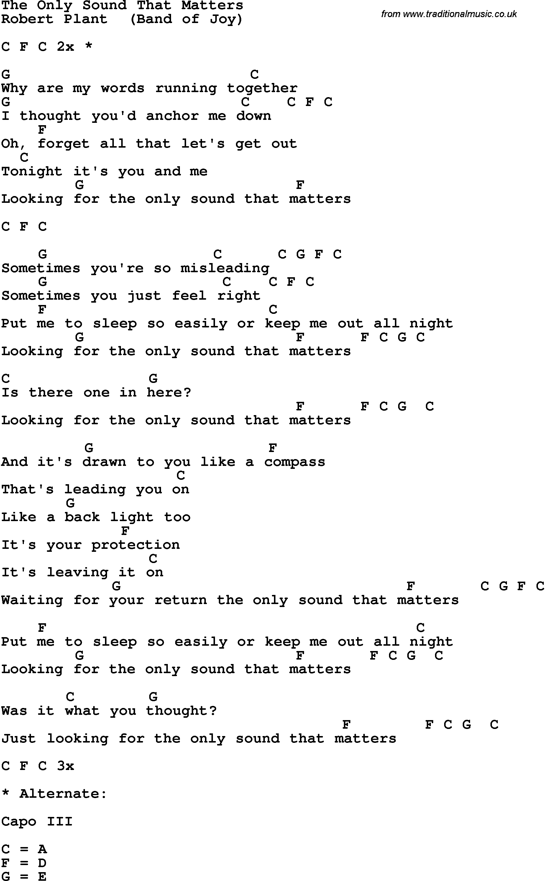 Song Lyrics with guitar chords for The Only Sound That Matters