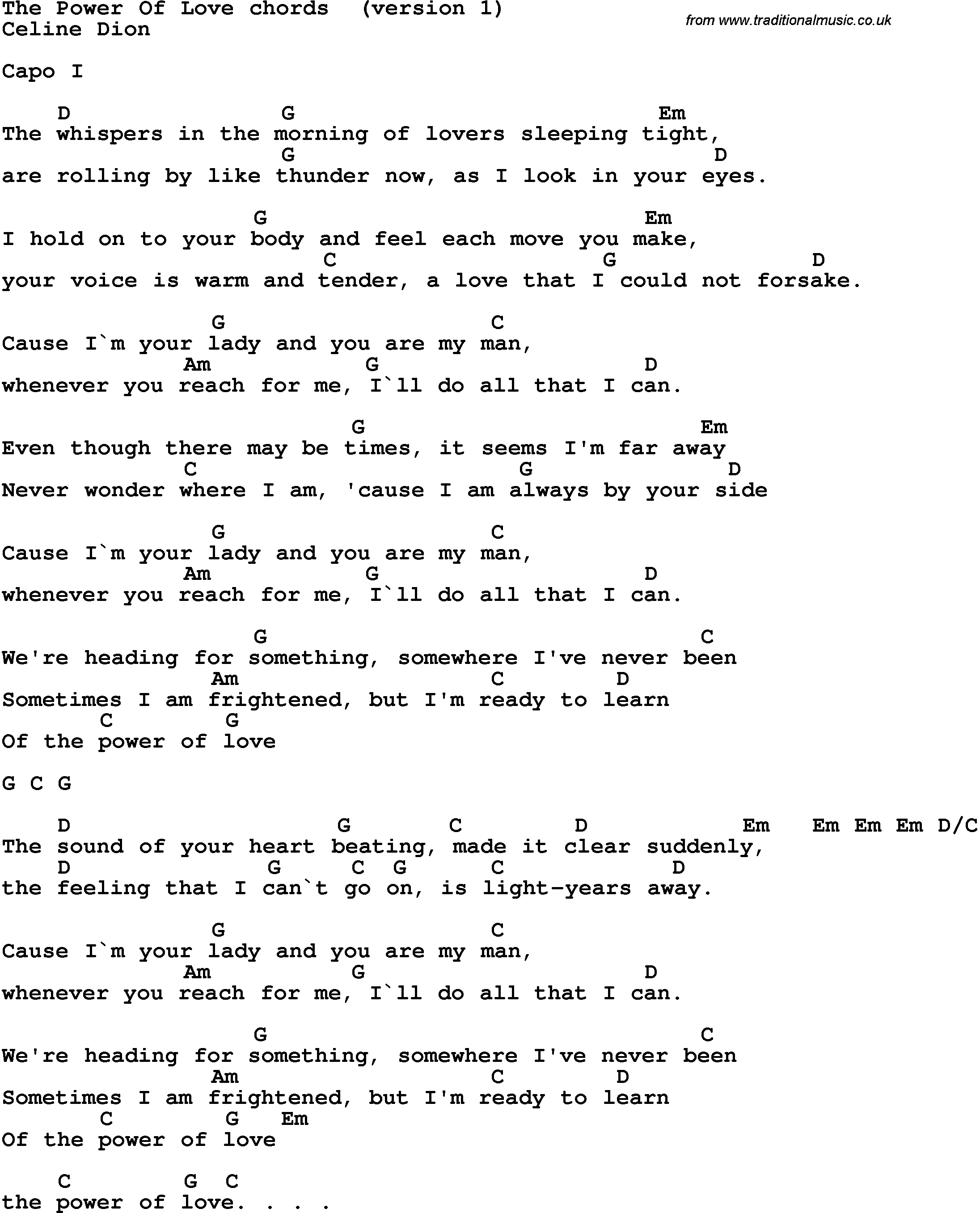 Song Lyrics with guitar chords for The Power Of Love - Celine Dion