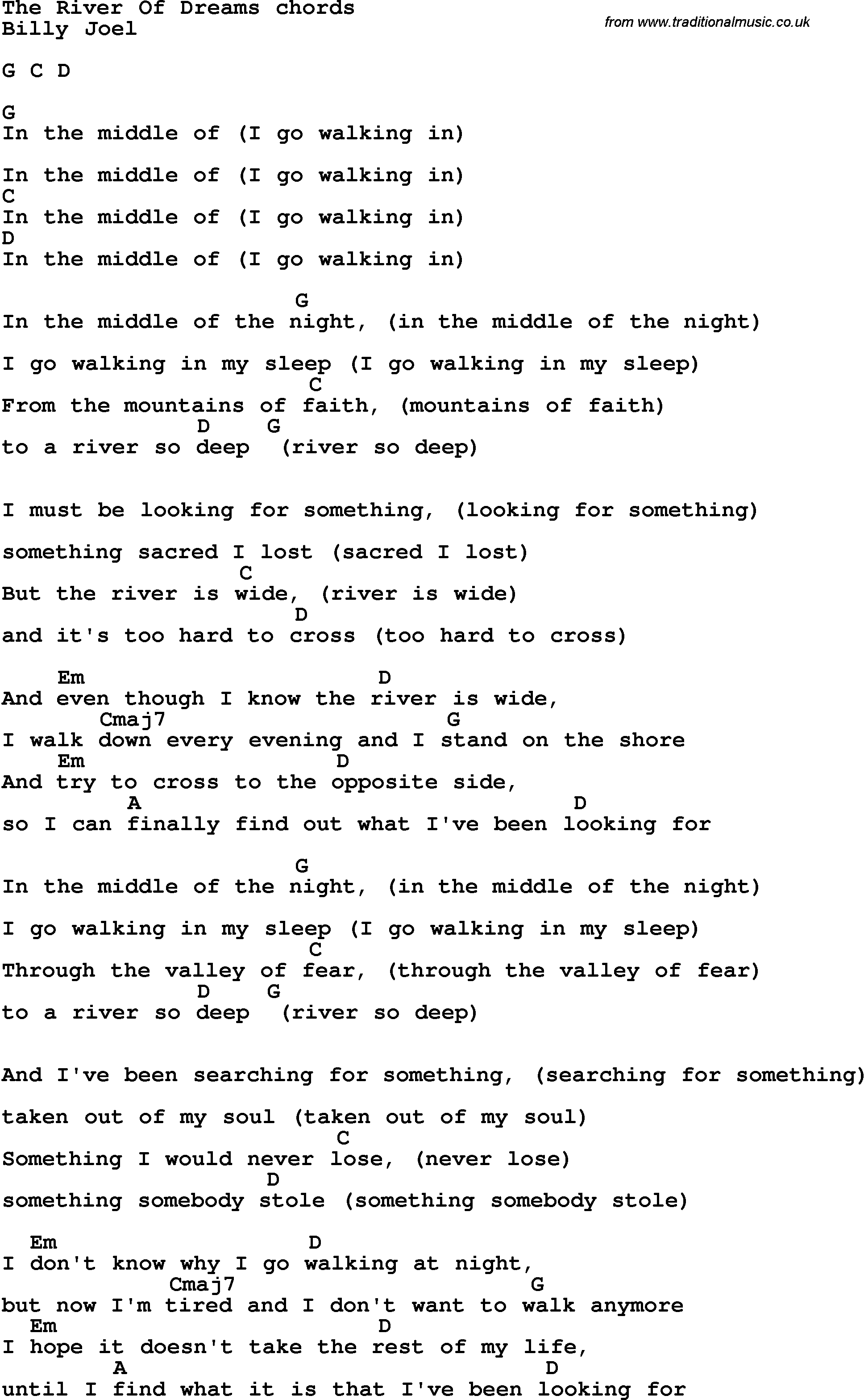 Song Lyrics with guitar chords for The River Of Dreams