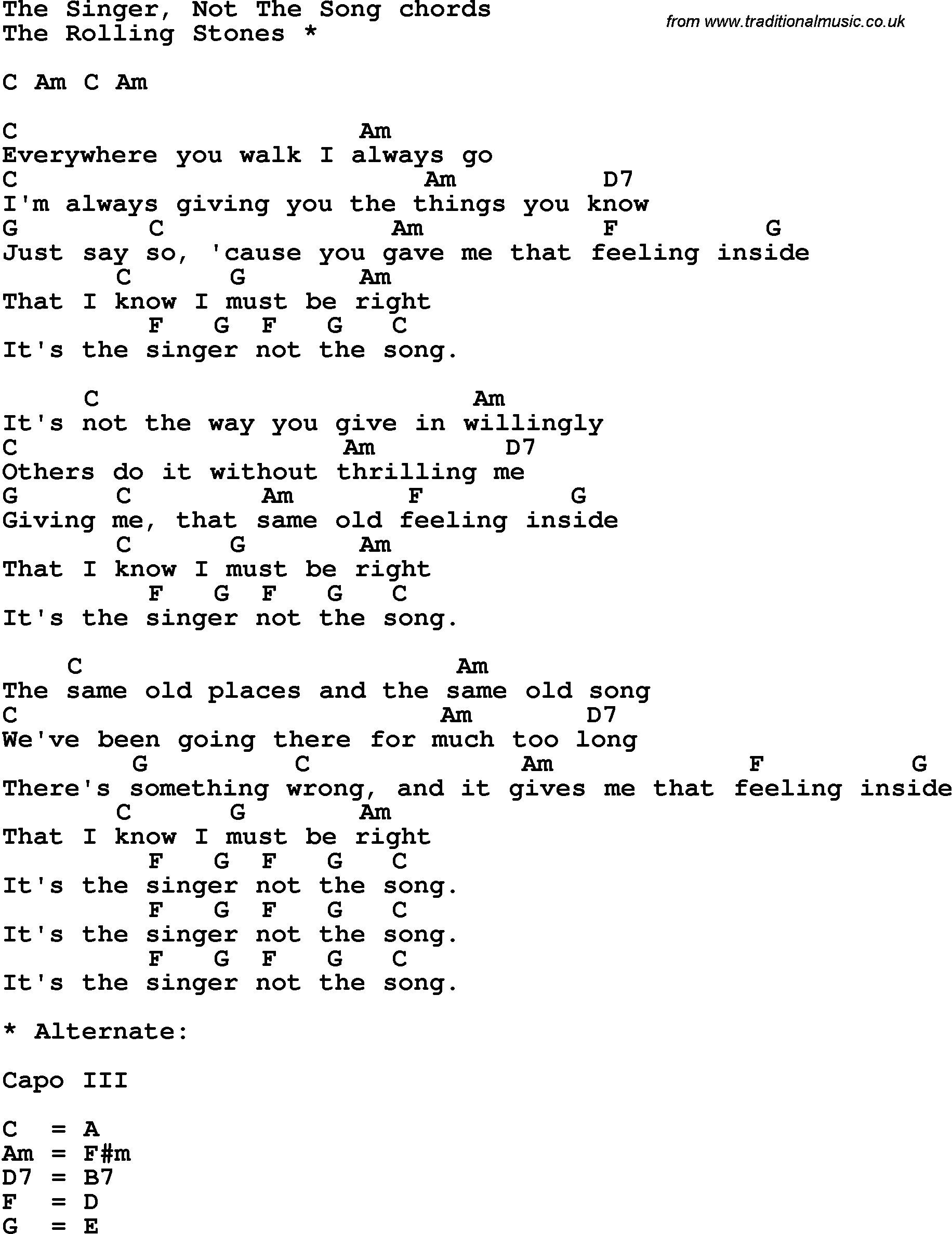 Song Lyrics with guitar chords for The Singer, Not The Song