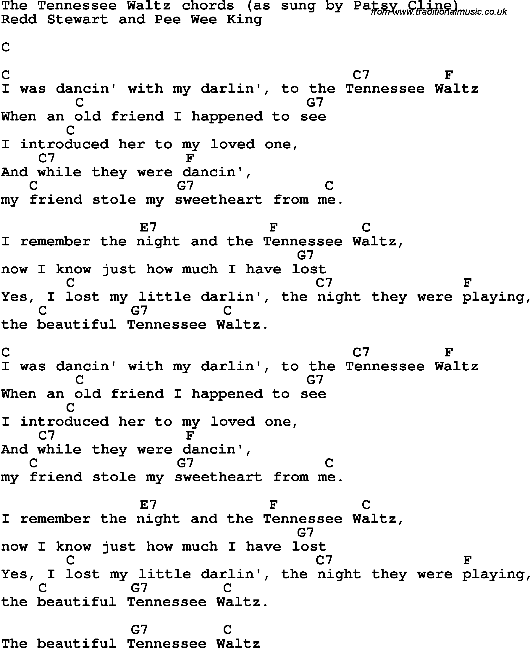 Song Lyrics with guitar chords for The Tennessee Waltz