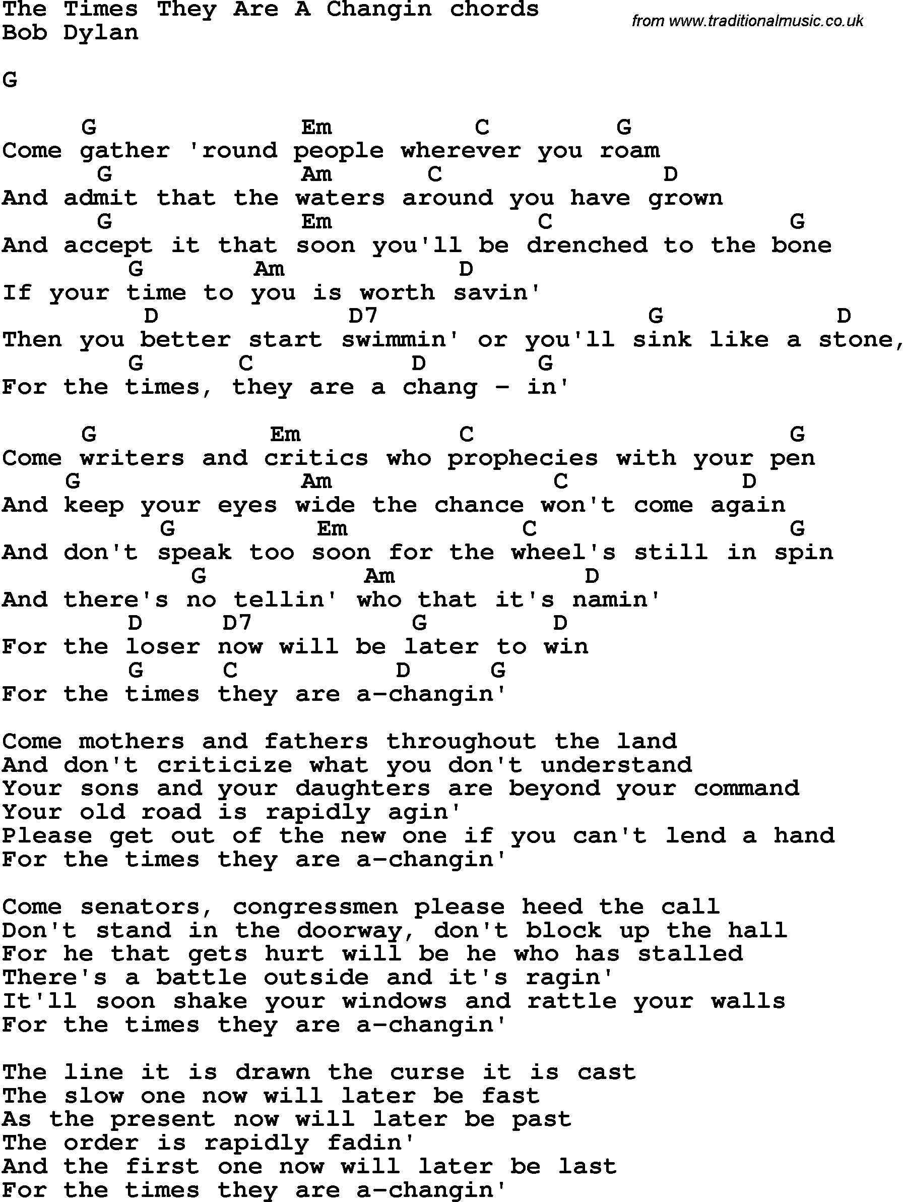 Song Lyrics with guitar chords for The Times They Are A Changin