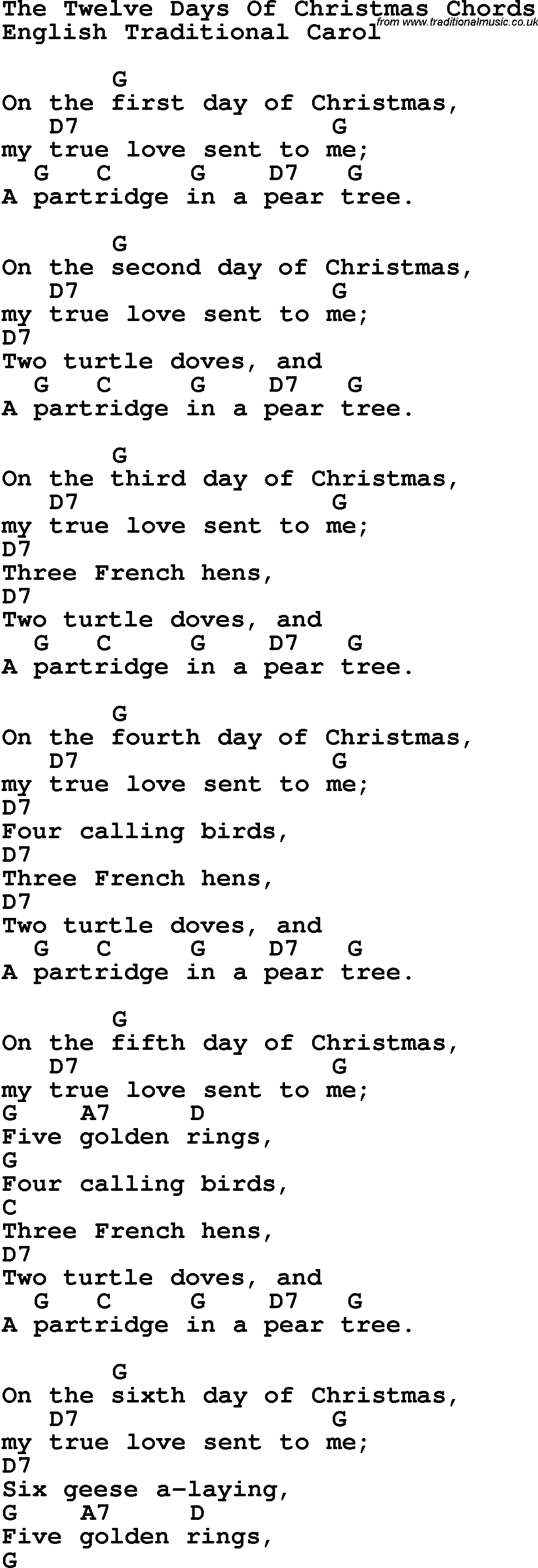 Song Lyrics with guitar chords for The Twelve Days Of Christmas