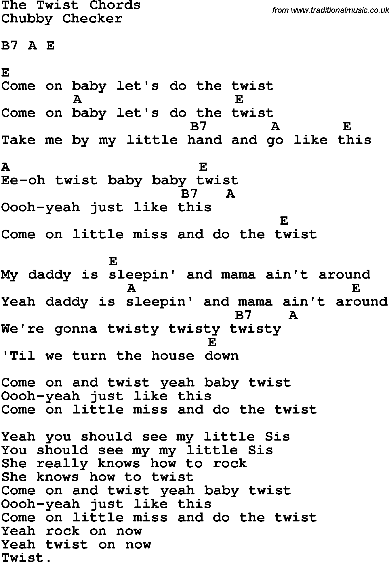 Song Lyrics with guitar chords for The Twist - Chubby Checker