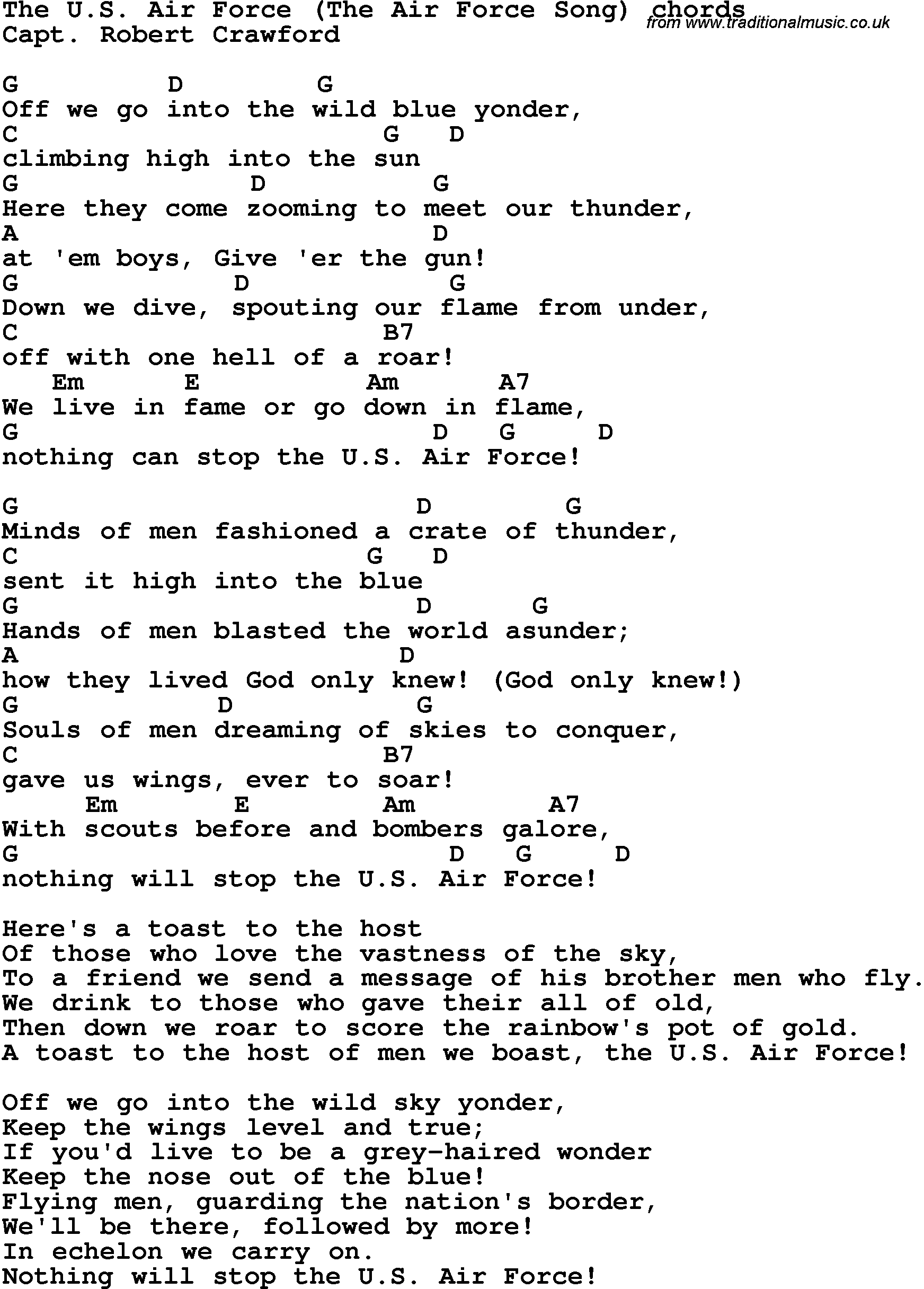 Song Lyrics with guitar chords for The U.s. Air Force