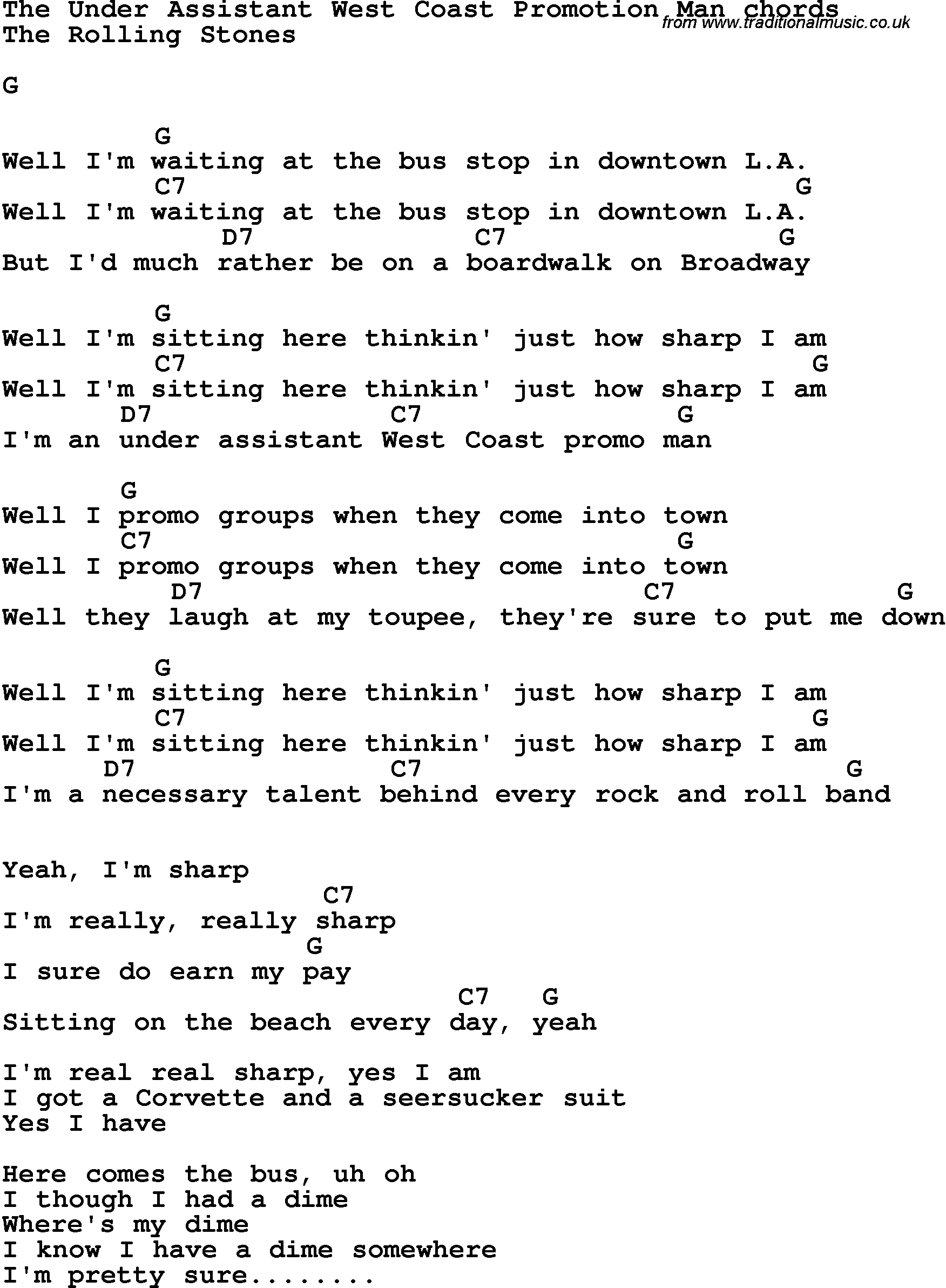 Song Lyrics with guitar chords for The Under Assistant West Coast Promotion Man