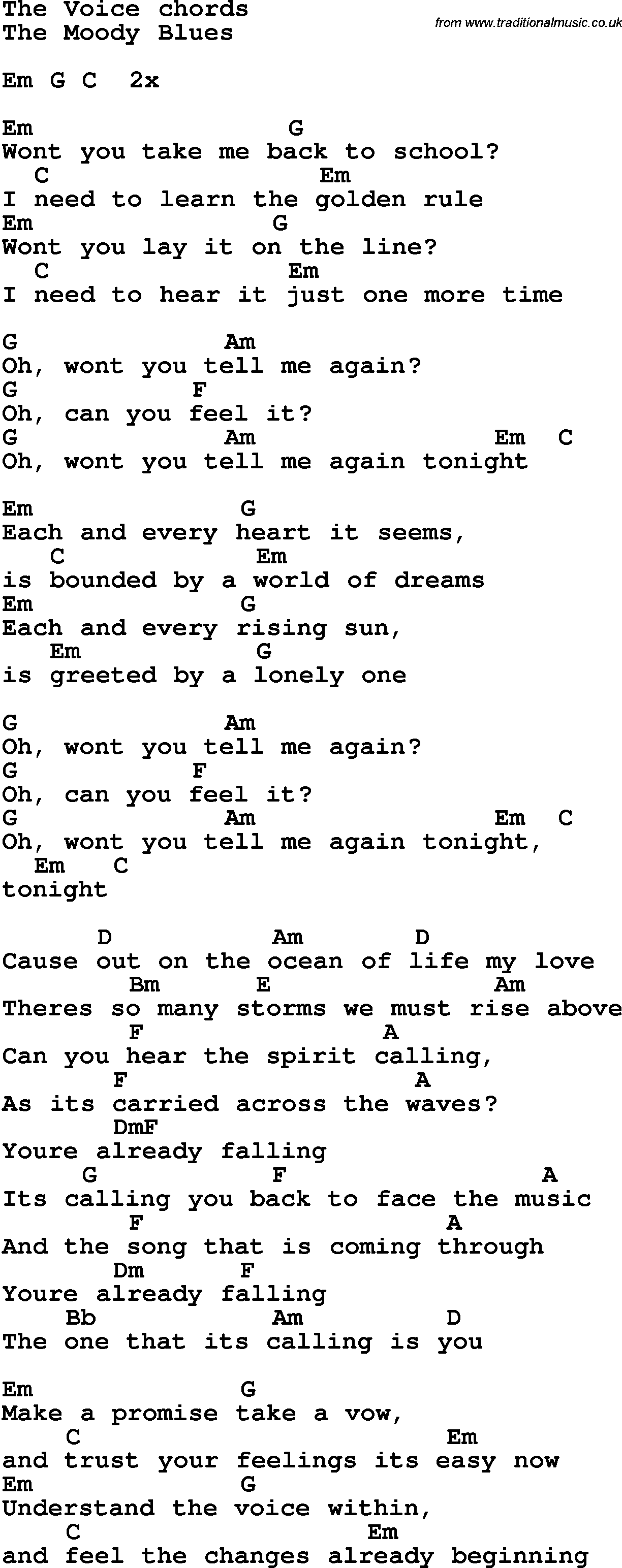 Song Lyrics with guitar chords for The Voice - The Moody Blues