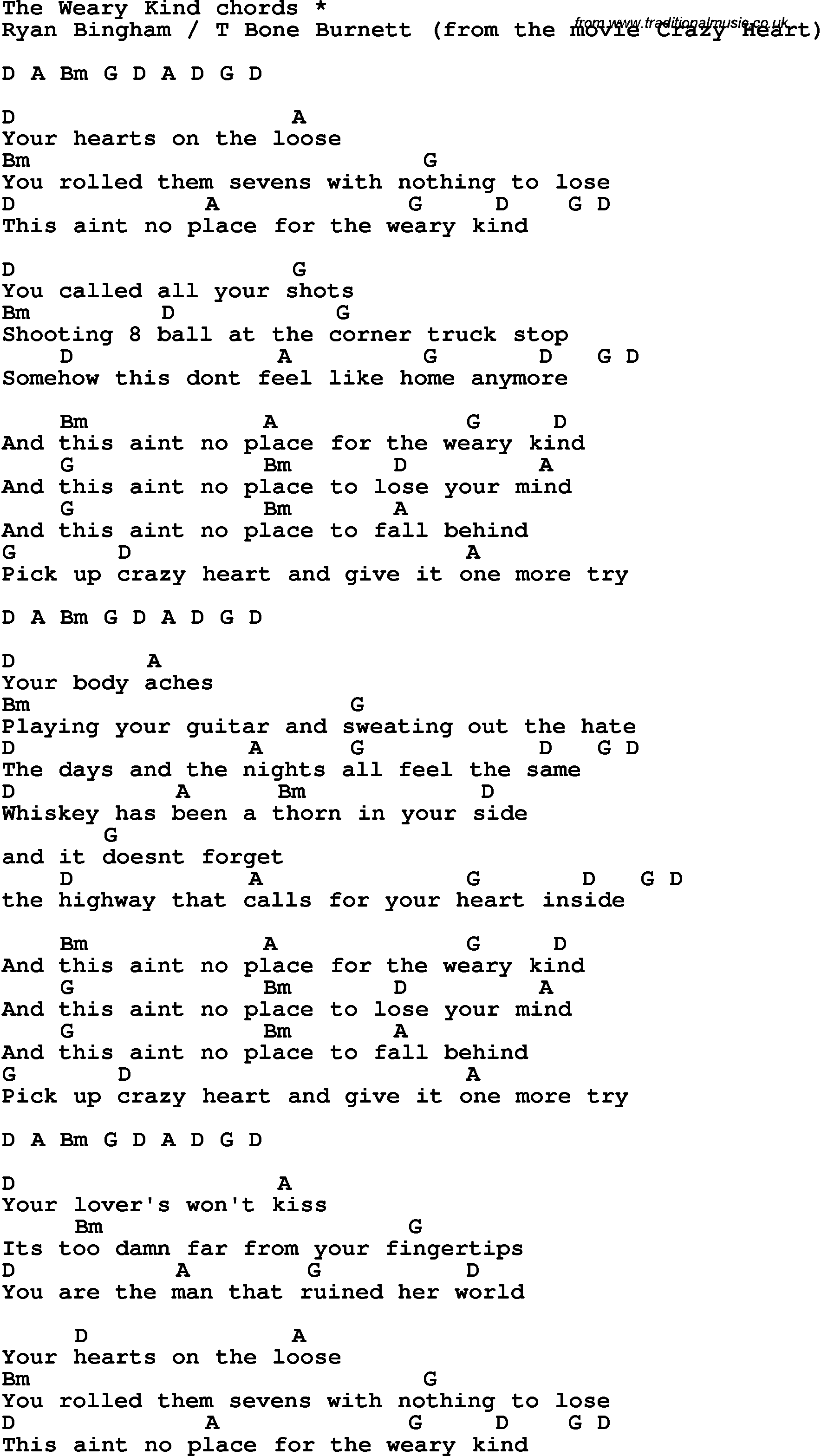 Song Lyrics with guitar chords for The Weary Kind - Ryan Bingham