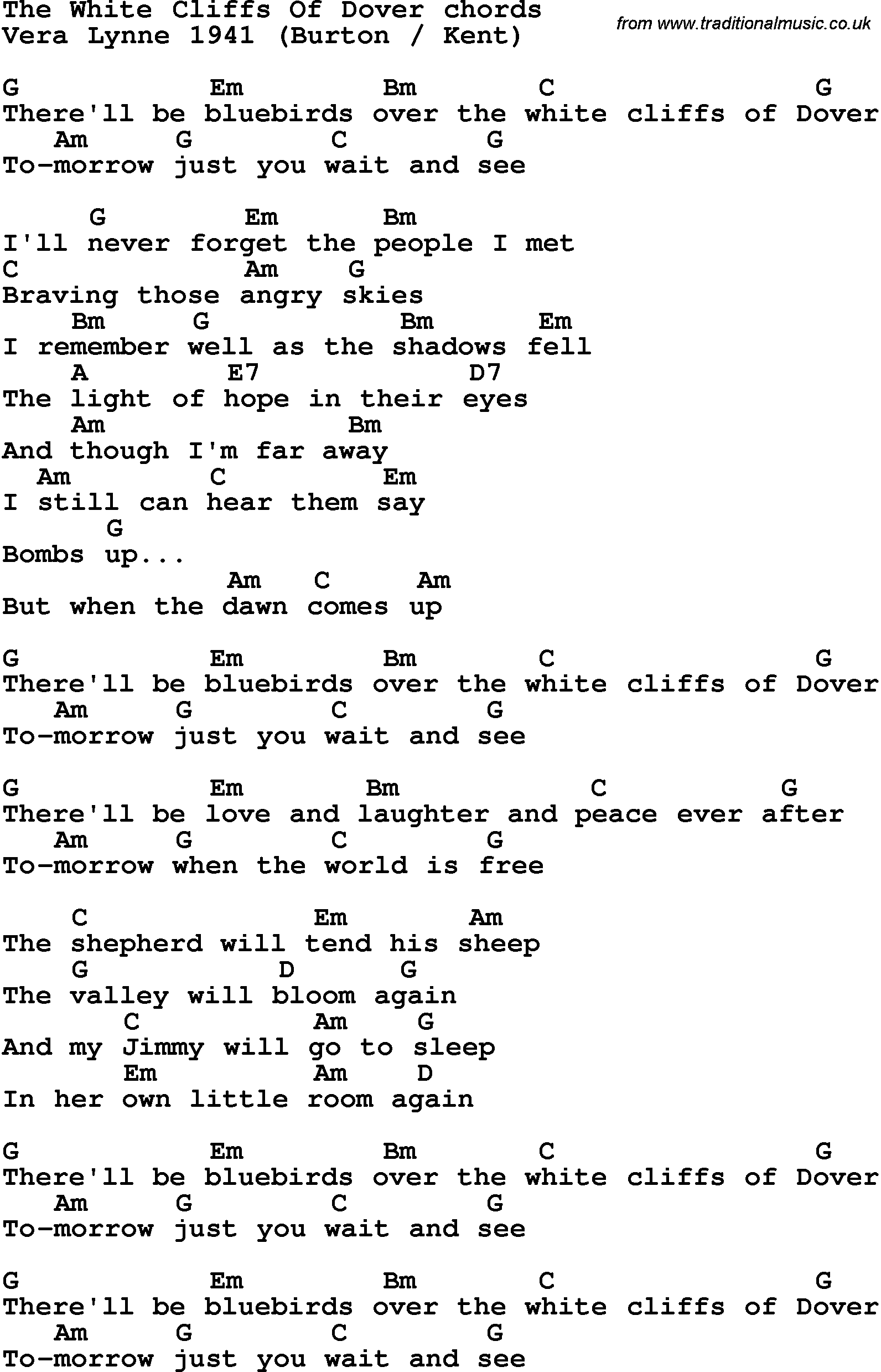 Song Lyrics with guitar chords for The White Cliffs Of Dover