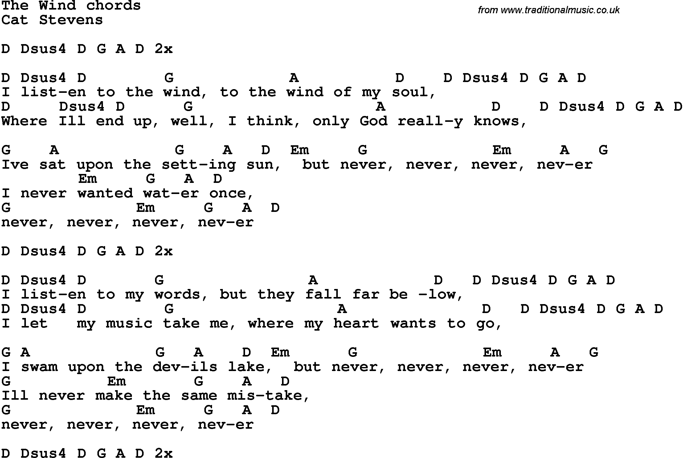 Song Lyrics with guitar chords for The Wind - Cat Stevens