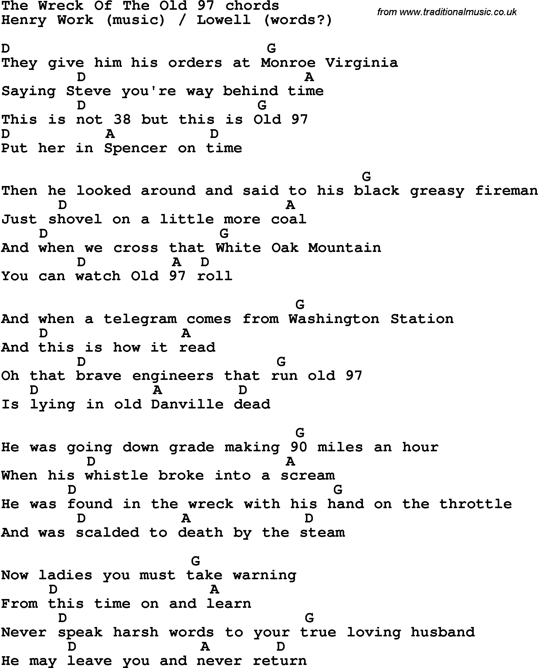 Song Lyrics with guitar chords for The Wreck Of Old 97