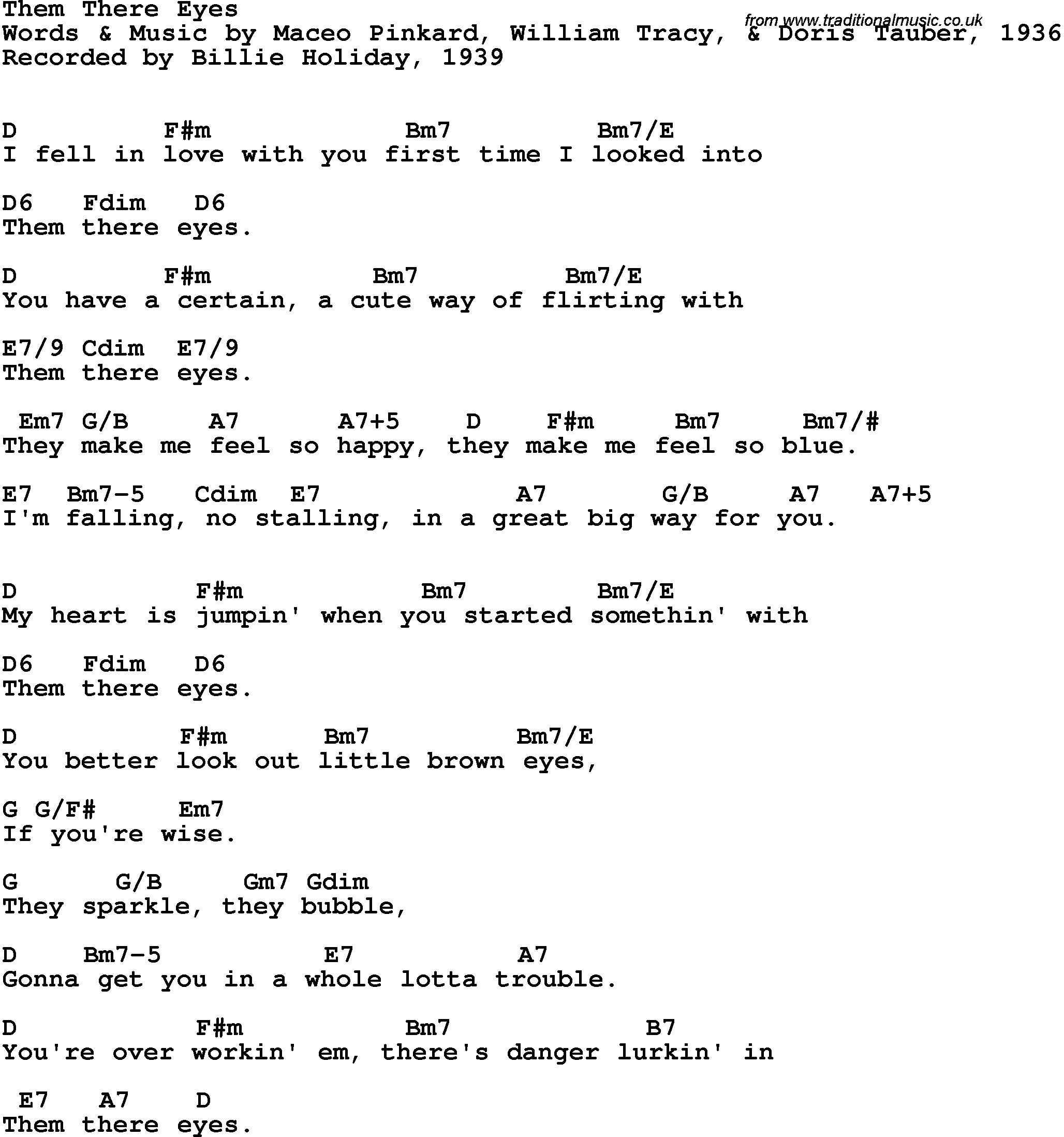 Song Lyrics with guitar chords for Them There Eyes - Billie Holiday, 1939
