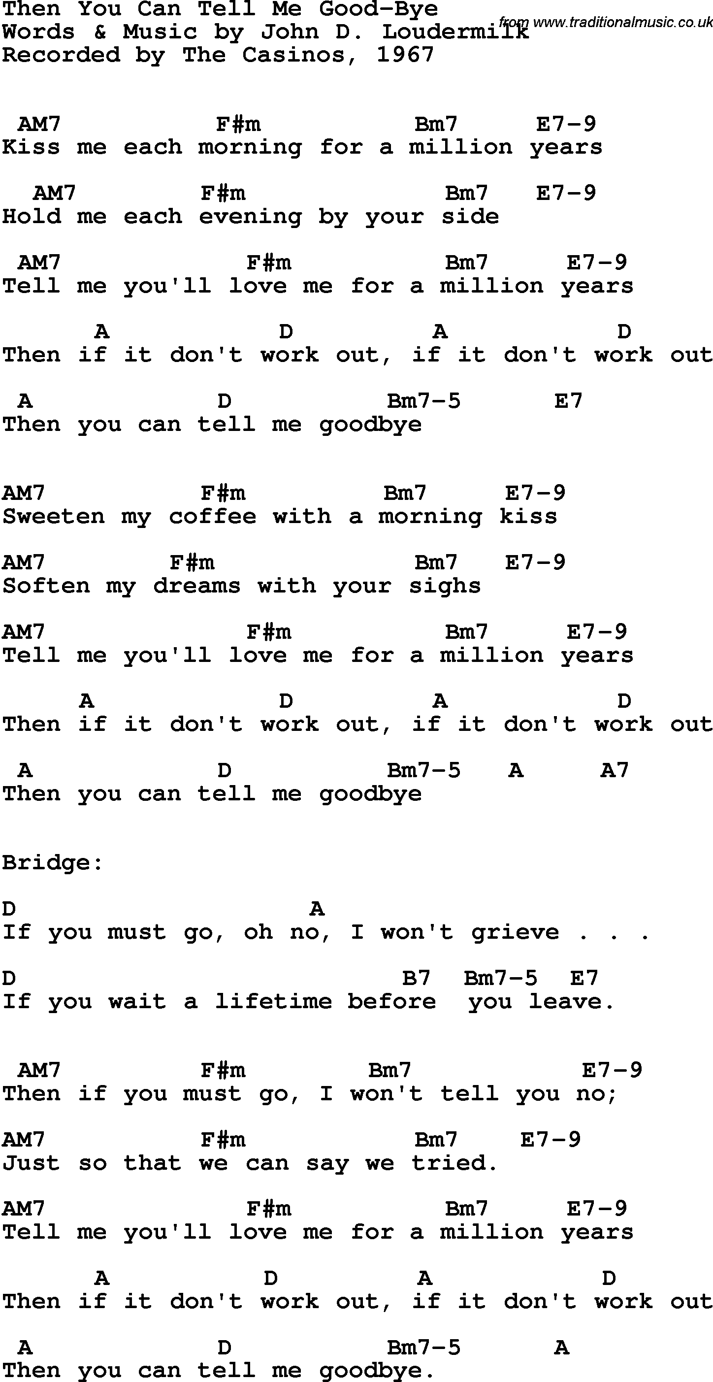 Song Lyrics with guitar chords for Then You Can Tell Me Good-bye - The Casinos, 1967