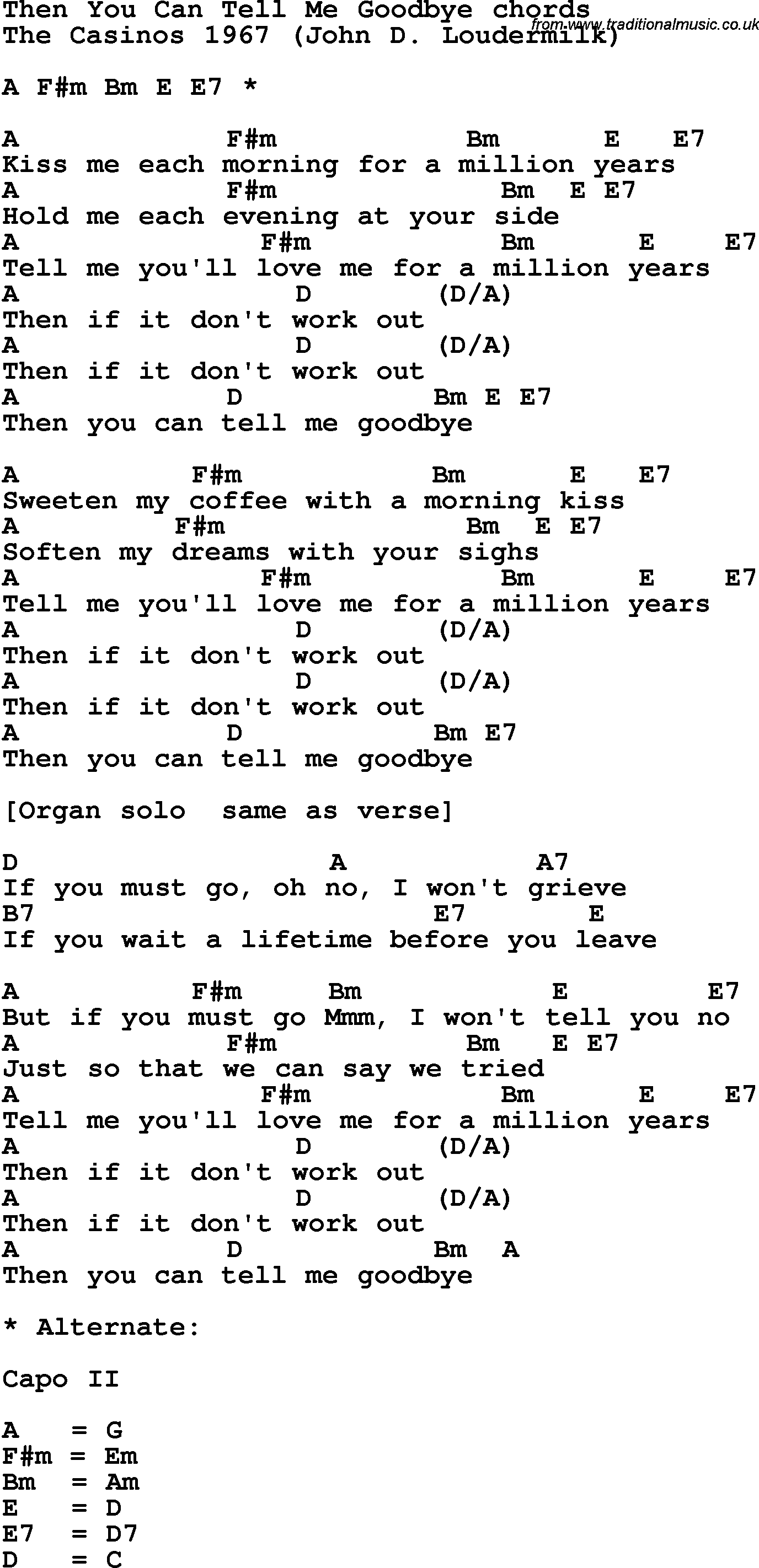 Song lyrics with guitar chords for Then You Can Tell Me Goodbye