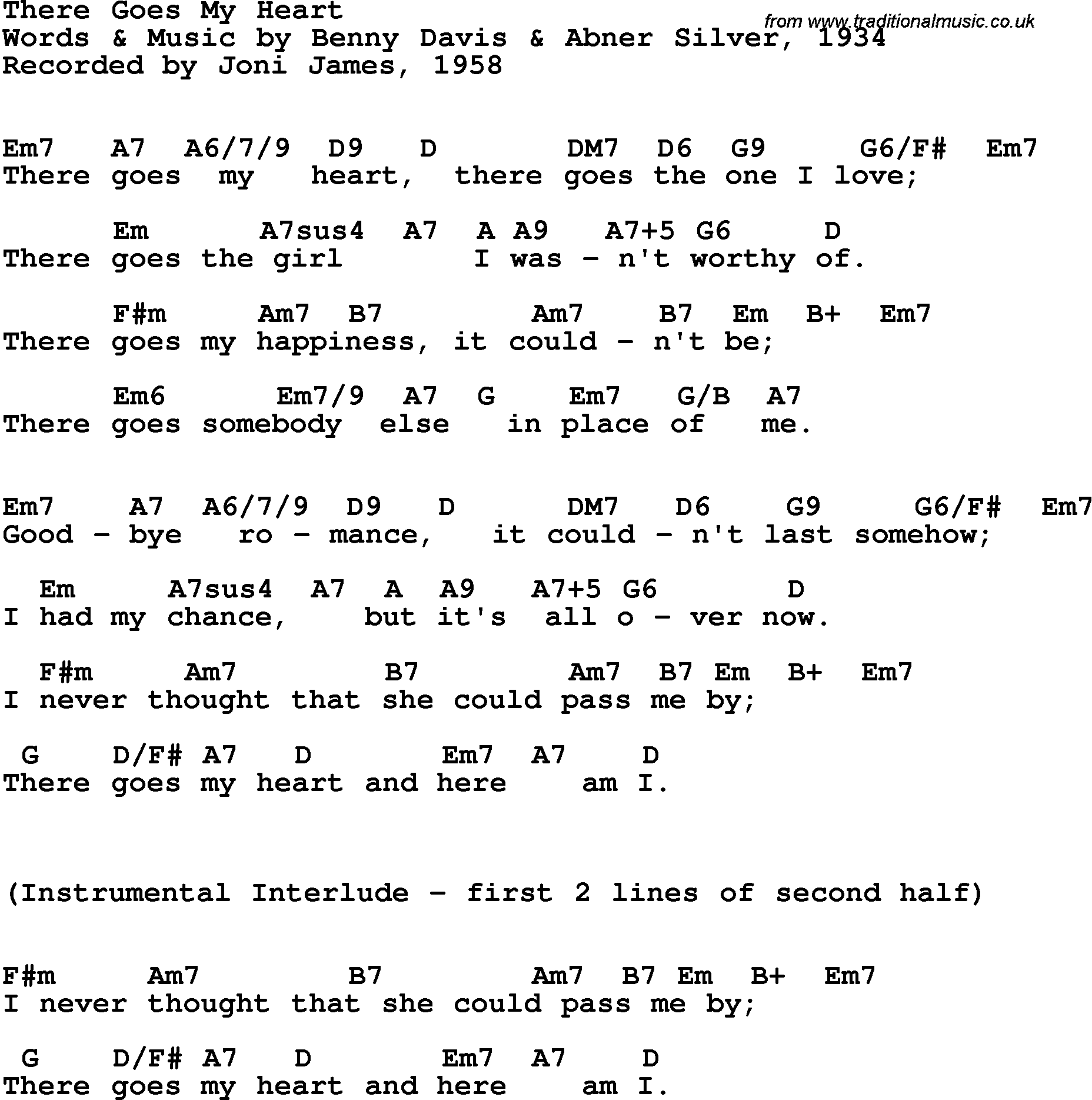 Song Lyrics with guitar chords for There Goes My Heart - Joni James, 1958