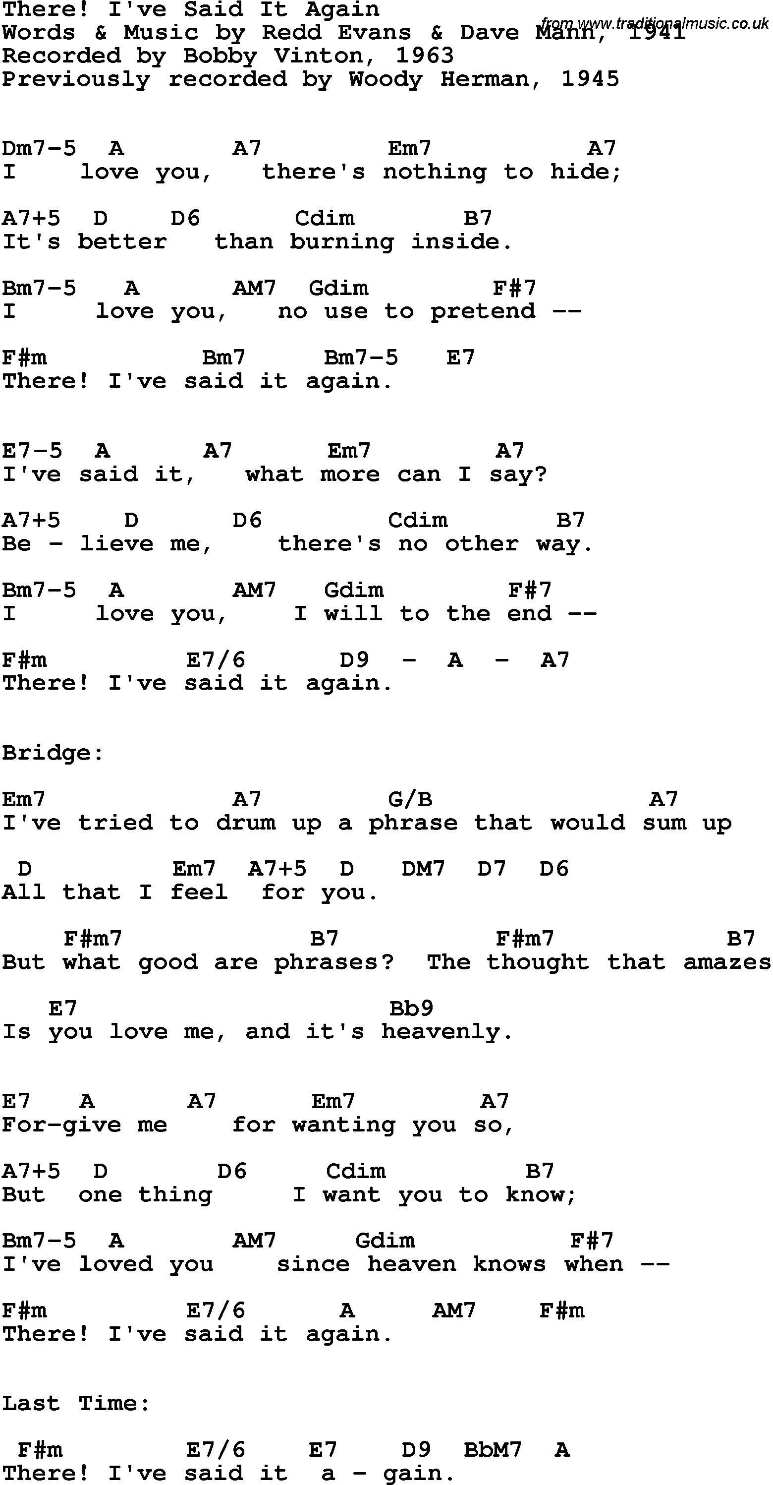 Song Lyrics with guitar chords for There! I've Said It Again - Bobby Vinton, 1963